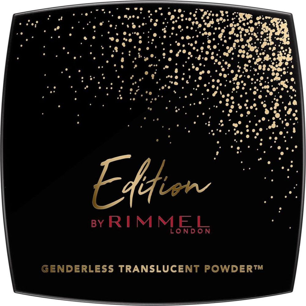 Schwarzes Kompaktpuder-Etui mit goldfarbenem Schriftzug "Edition by Rimmel London". Text: "Genderless Translucent Powder".