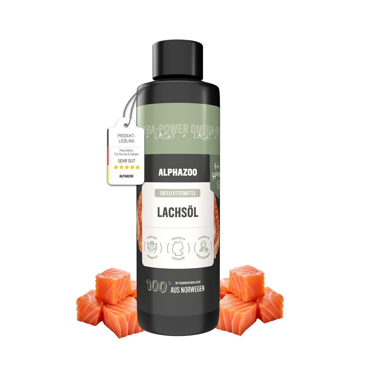 Schwarze Flasche mit Etikett. Lachsöl-Produkt mit Anhänger. Lachsfiletstücke liegen davor.
