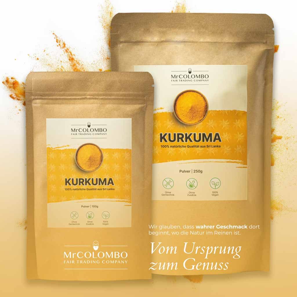 Zwei braune Beutel mit Kurkuma-Pulver. Aufschrift: Mr. Colombo, Kurkuma, 100% natürliche Qualität aus Sri Lanka. Siegel.