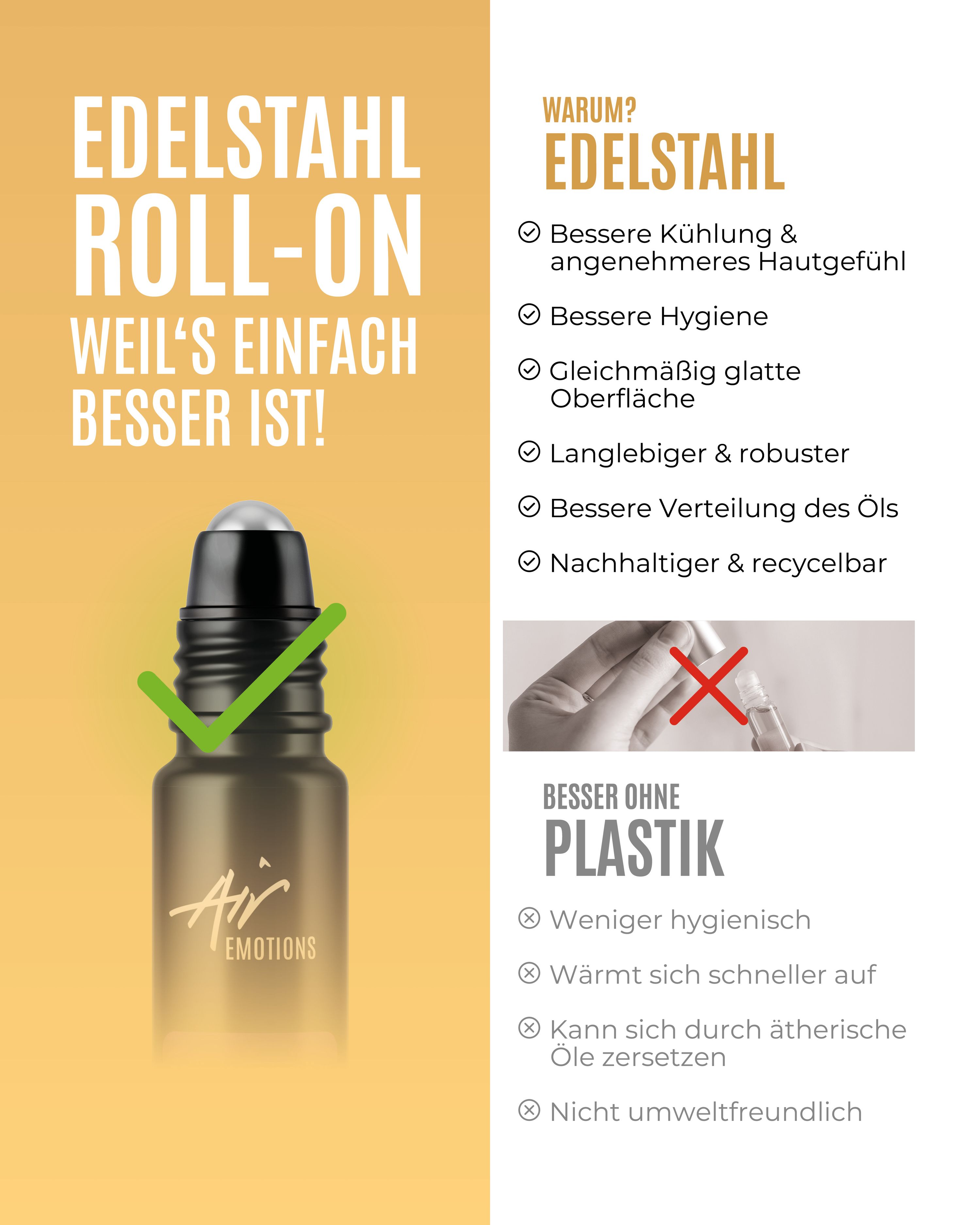 Schwarze Roll-On-Flasche mit "Stimmung Plus"-Etikett. Edelstahl-Roll-On. Text: "Edelstahl Roll-On weil's einfach besser ist!"