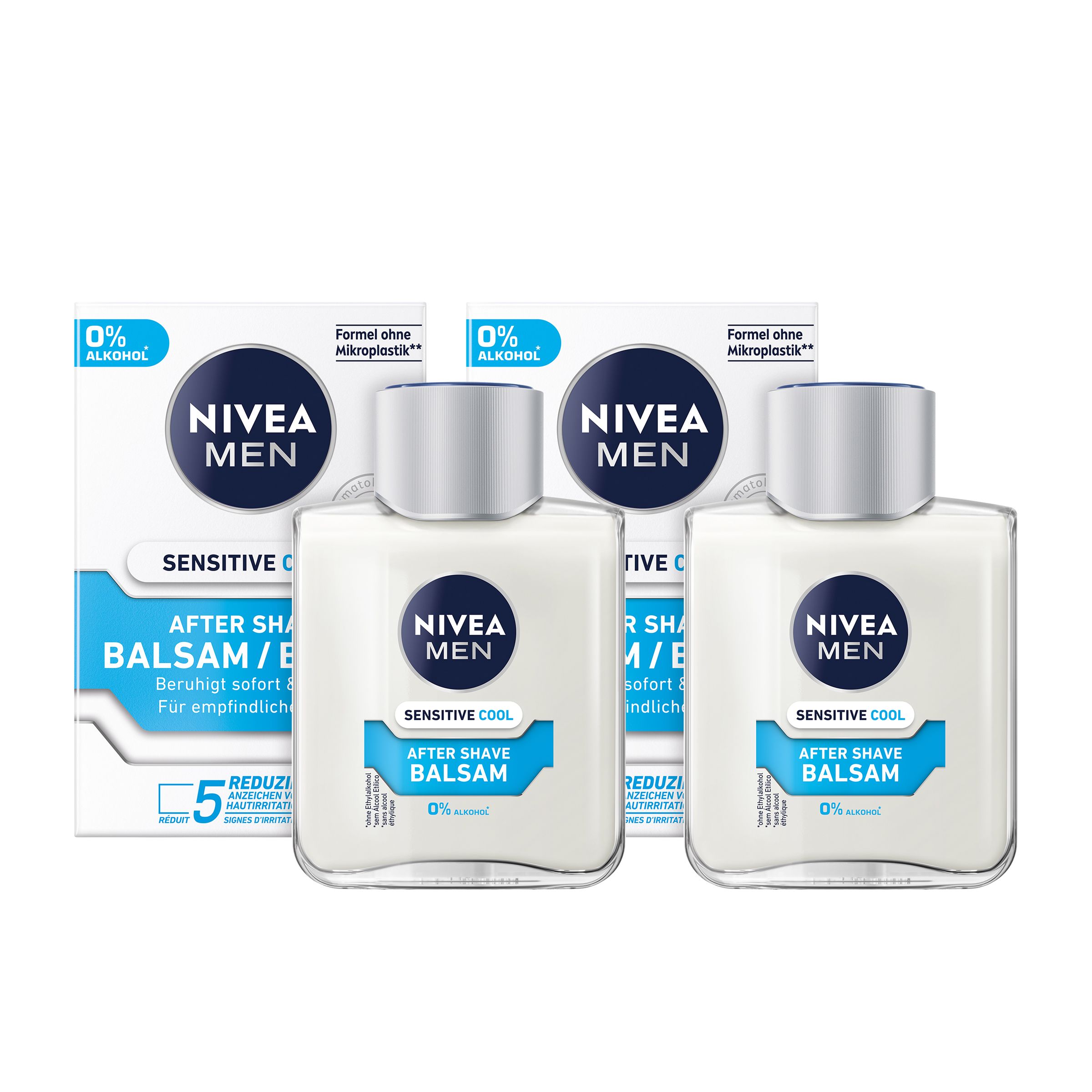 Zwei Flaschen NIVEA MEN After Shave Balsam Sensitive Cool, mit Verpackung. 0% Alkohol. Beruhigt sofort & kühlt.