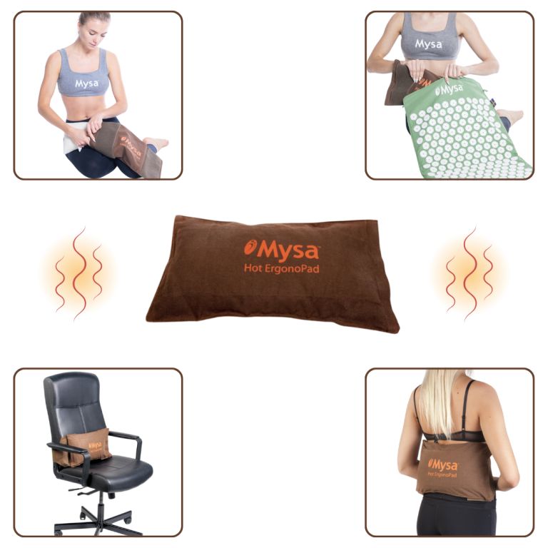 Braunes Mysa Hot ErgonoPad. Logo sichtbar. Mehrere Anwendungsbeispiele: auf Stuhl, Rücken, Bein, mit Akupressurmatte.