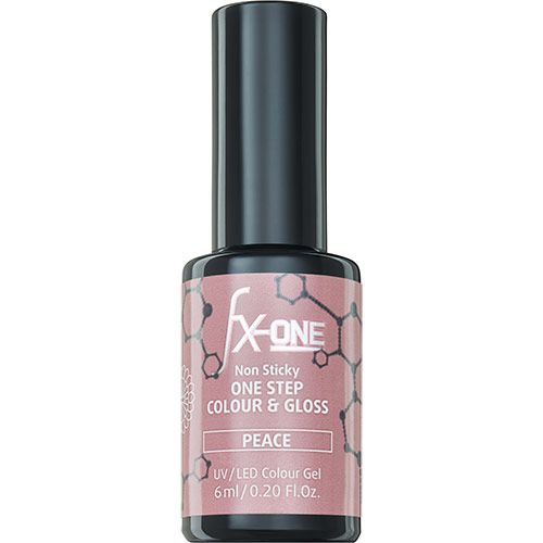 Farbgel-Nagellackflasche. Aufschrift: FX-ONE, Non Sticky, ONE STEP COLOUR & GLOSS, PEACE. UV/LED Colour Gel. 6ml/0.20 Fl.Oz.
