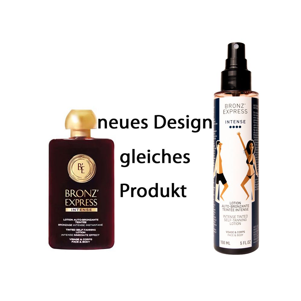 Zwei Flaschen Académie Bronz'Express Lotion. Links: dunkle Flasche mit goldener Kappe. Rechts: Sprühflasche mit Illustrationen.