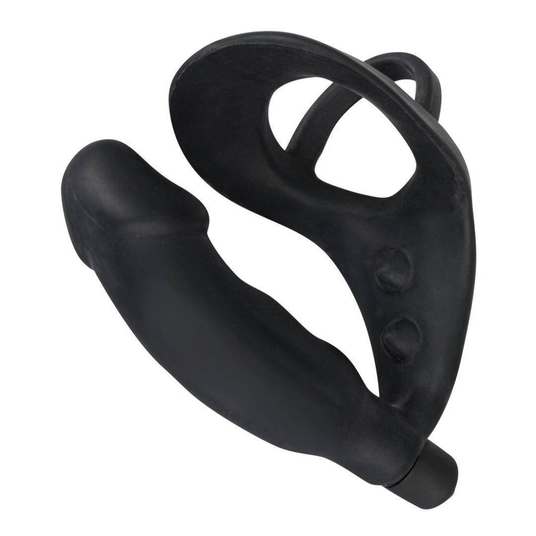 Schwarzer Penis-/Hodenring mit Analplug. Aus Silikon. Mit zwei Erhebungen und einem Ring.