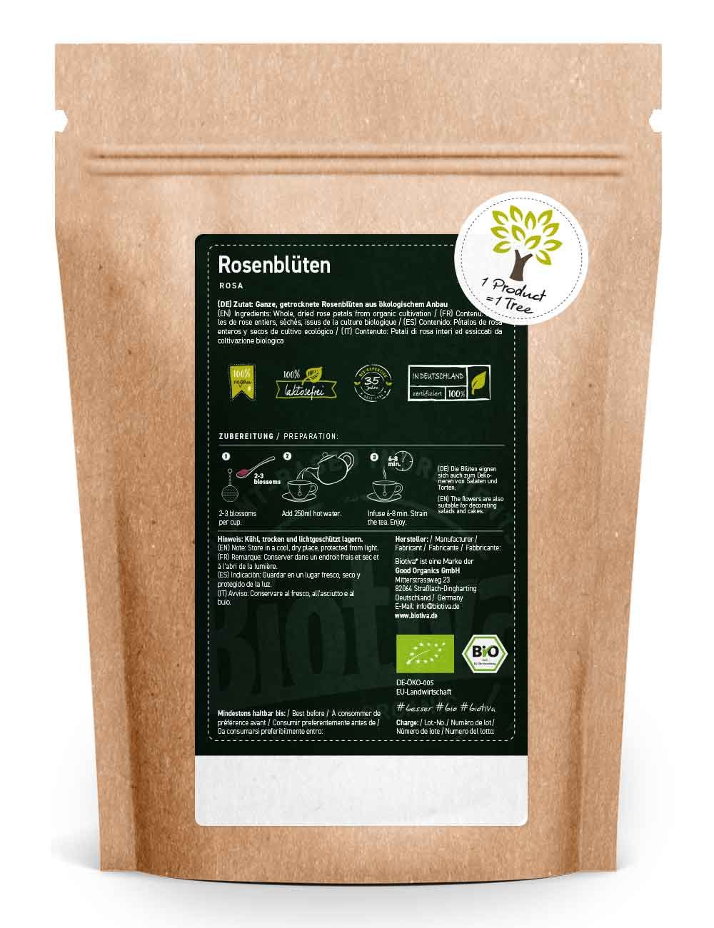 Rückseite der Biotiva Rosenblüten ganz Bio Verpackung. Schwarzes Etikett mit Text, Bio-Siegel und Zubereitungshinweisen. Rundes Siegel mit Baum-Logo.