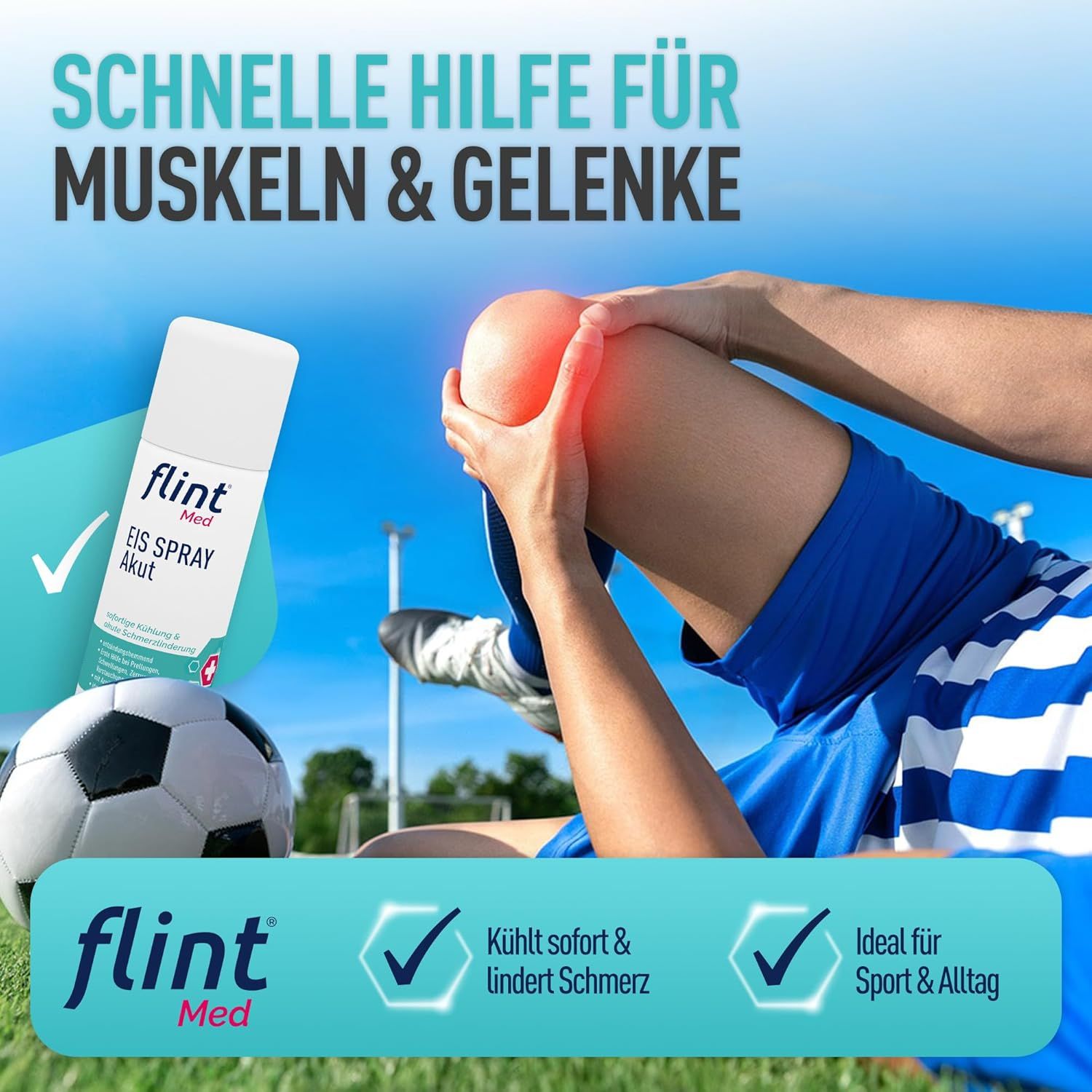 Fußballspieler mit Knie. flint Med Eis Spray Akut. Text: Kühlt sofort & lindert Schmerz. Ideal für Sport & Alltag.
