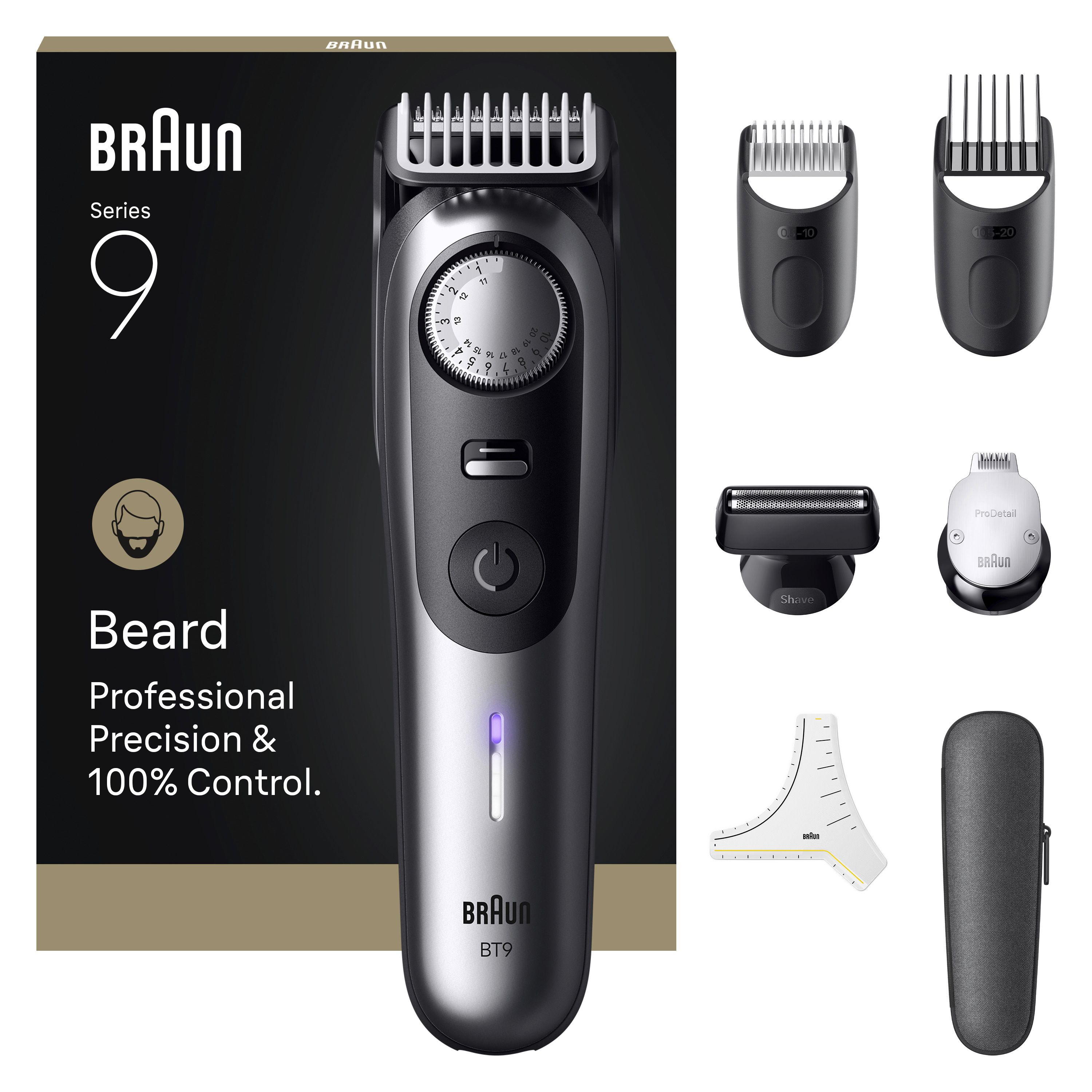 Barttrimmer mit Zubehör. Enthält Trimmer, Aufsätze, Reinigungsbürste, Etui und Verpackung mit Produktinformationen.