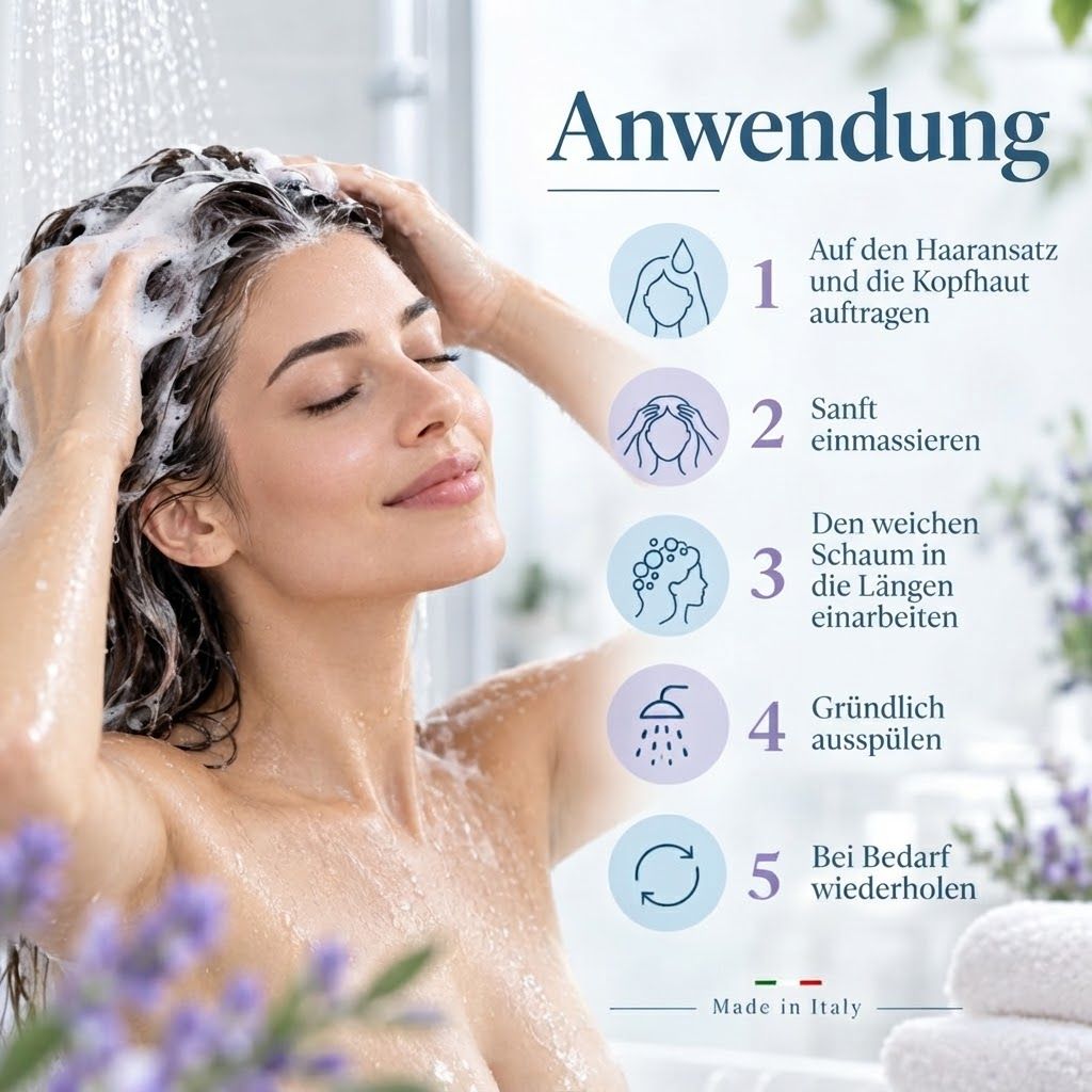 Anwendungshinweise für ein beruhigendes Lavendel-Shampoo.
