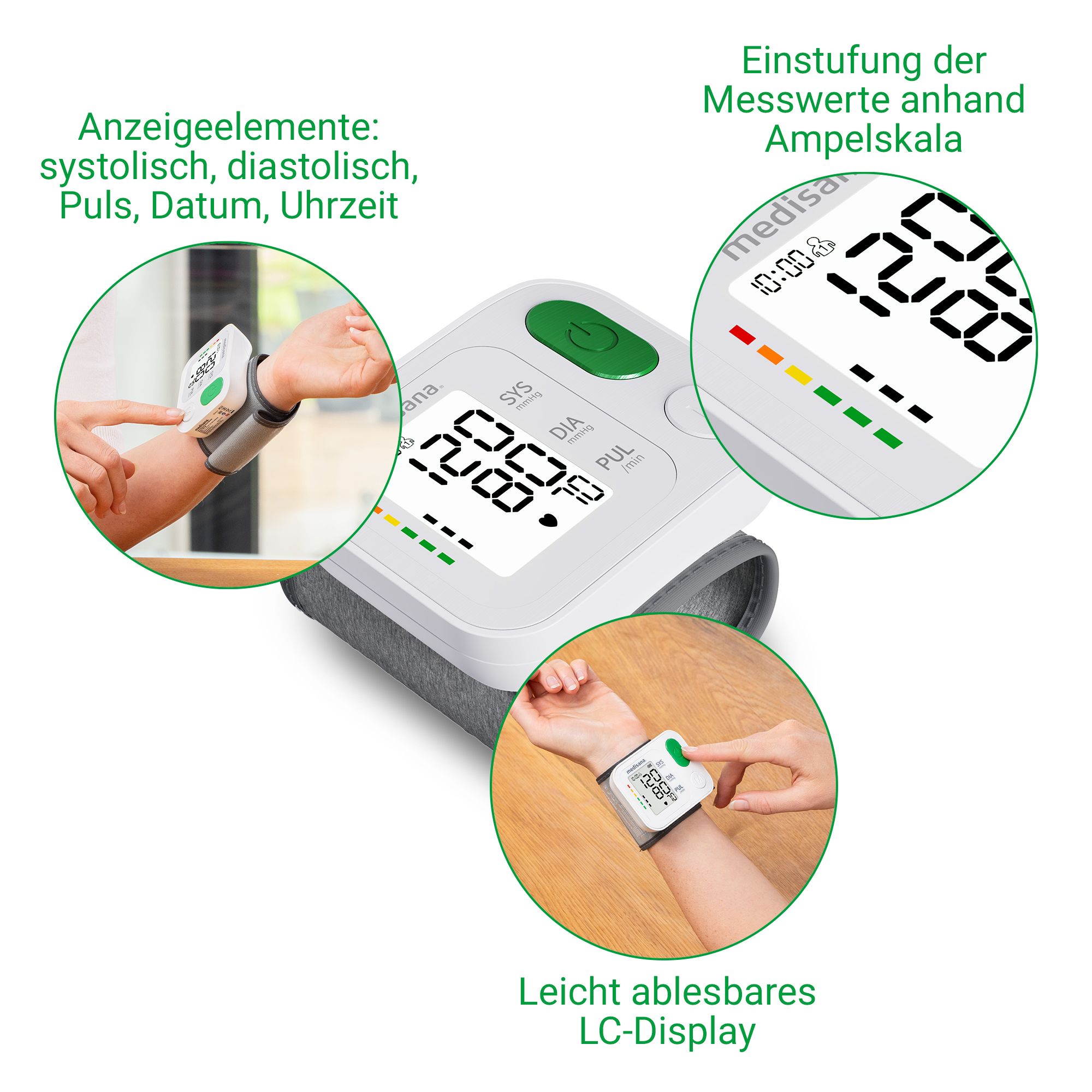 Medisana Handgelenk-Blutdruckmessgerät mit Display und Ampelskala.