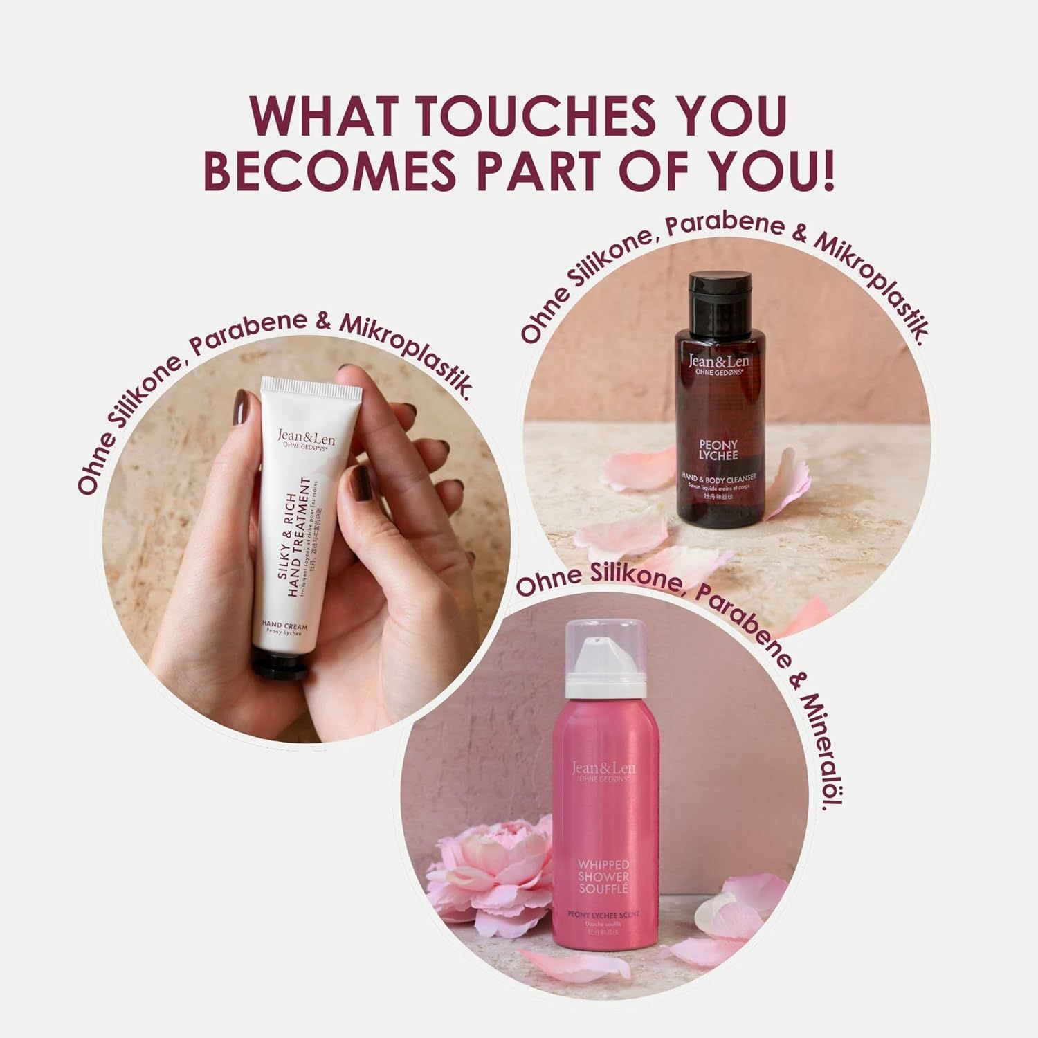 Drei Produkte: Handcreme, Hand- und Körperreiniger, Duschschaum. Text: Ohne Silikone, Parabene & Mikroplastik.