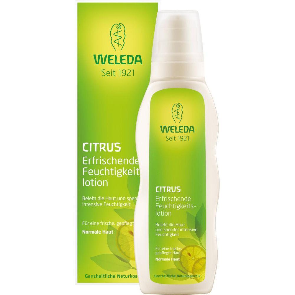 Flasche und Verpackung. Flasche: weiß mit grünem Etikett. Verpackung: grün mit weißer Schrift. Aufschrift: WELEDA, CITRUS.