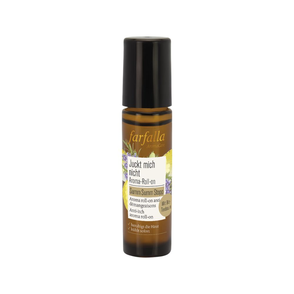 Braune Glasflasche mit schwarzem Deckel. Aufschrift: Farfalla, Juckt mich nicht Aroma-Roll-on, Summ Summ Stopp.