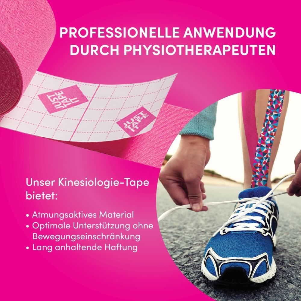 Kinesiotape-Anwendung am Hals mit blauem und buntem Muster.