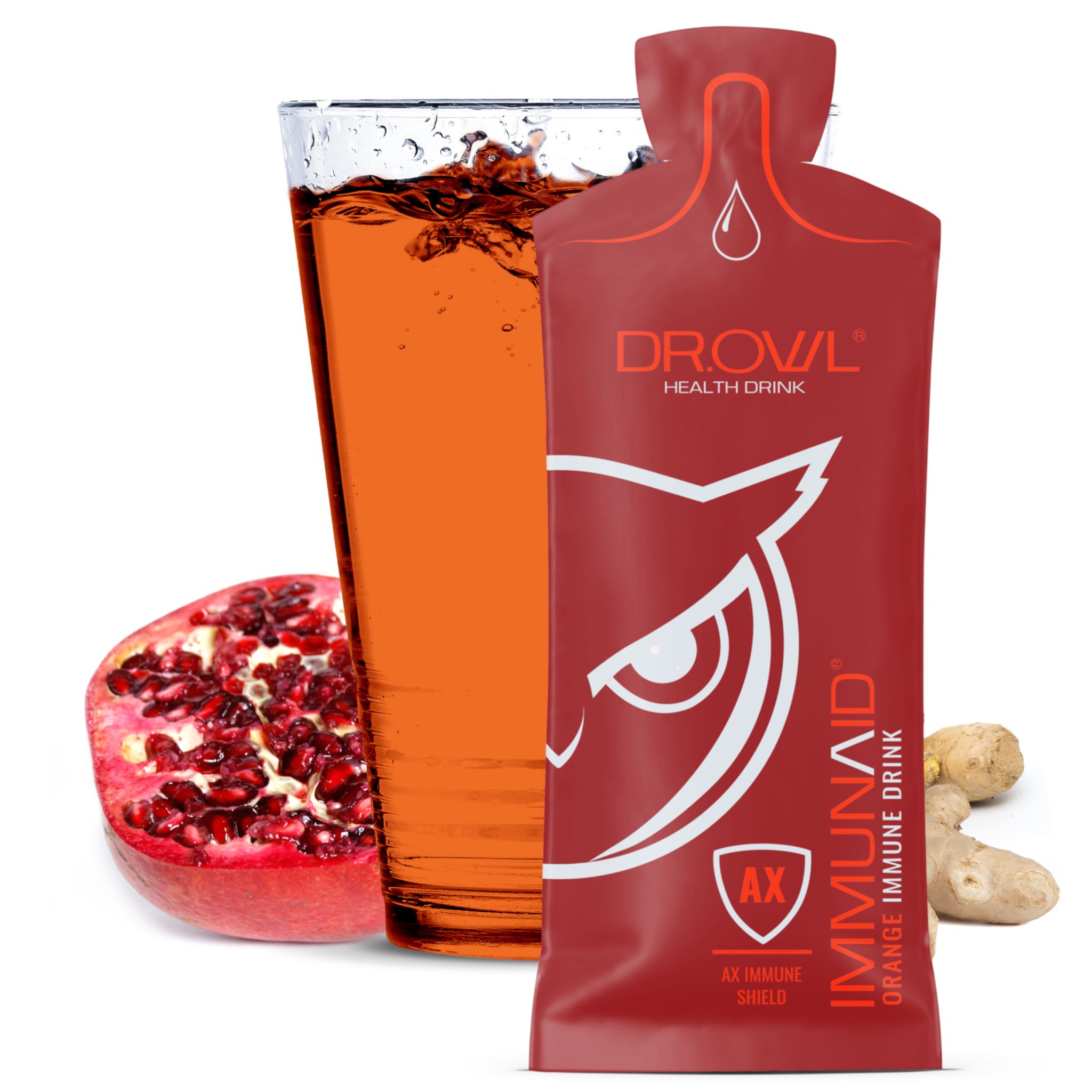 Roter Beutel mit Produkt. Glas mit Getränk, Granatapfel und Ingwer. Aufschrift: IMMUNAID, Dr.Owl. Logo mit Eule.
