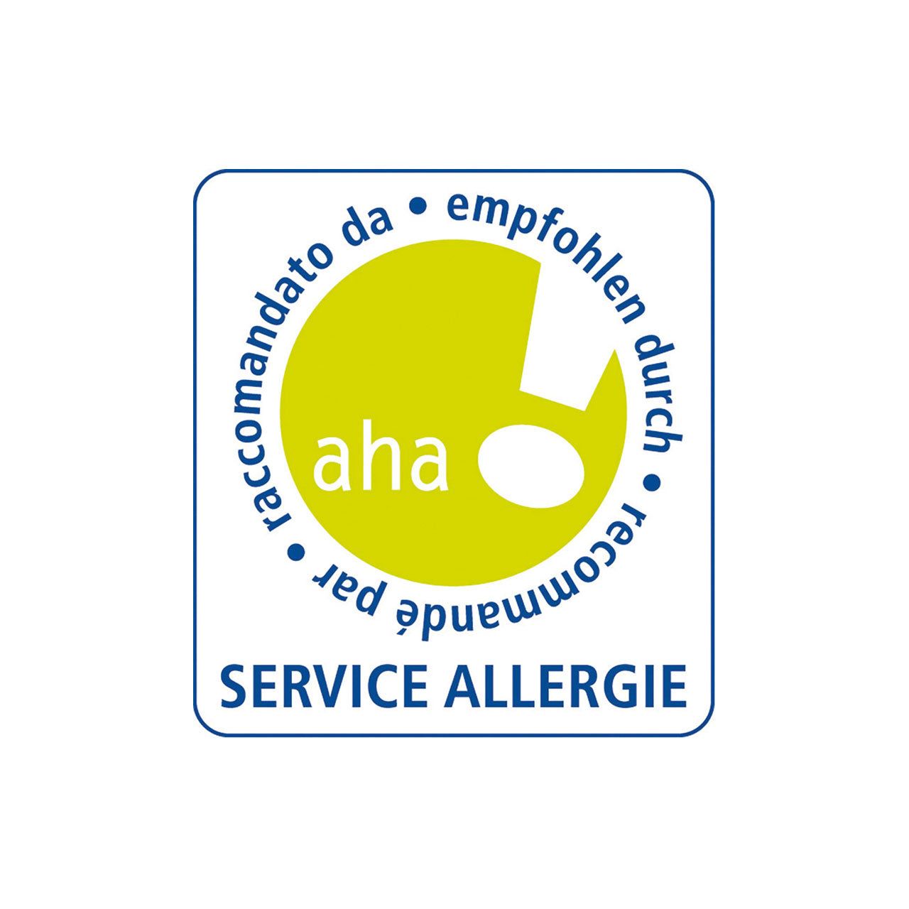 Logo Service Allergie. Gelber Kreis mit Text: empfohlen durch, recommandé par, raccomandato da. Text: Service Allergie.