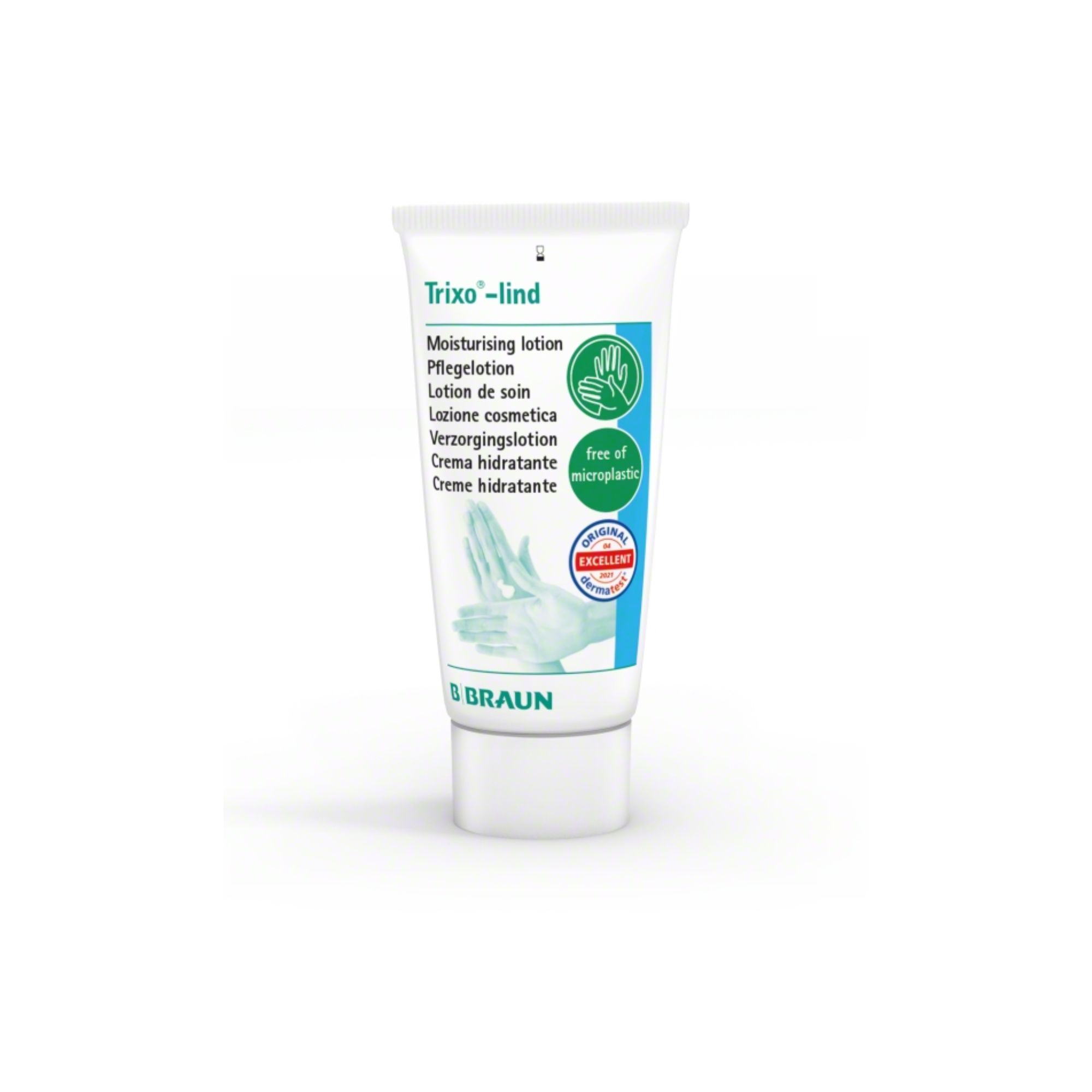 Weiße Tube mit Produktnamen Trixo-lind. Text in mehreren Sprachen. Logo von B. Braun. Aufdruck: "free of microplastic".