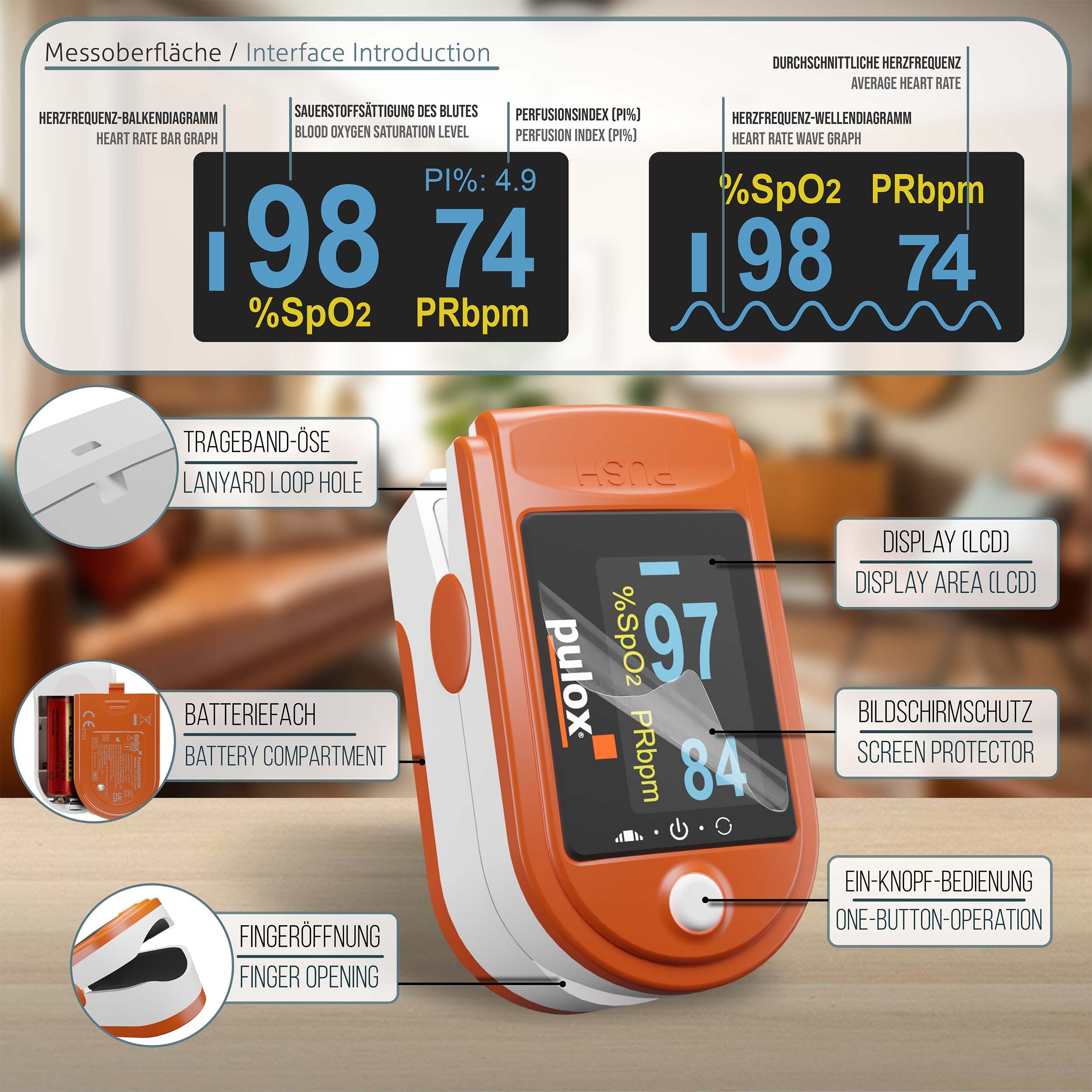 Pulox PO-200 Solo - Finger-Pulsoximeter - Orange