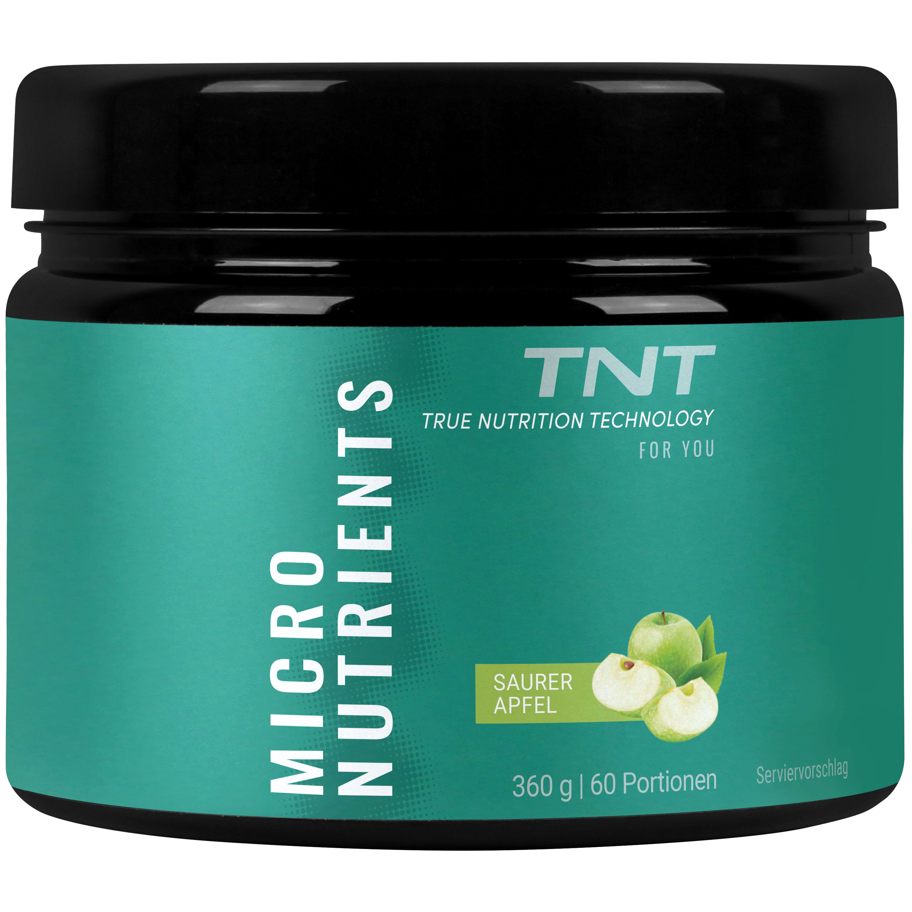 Dose TNT Micro Nutrients, grüne Aufschrift, Apfel-Geschmack. 360g, 60 Portionen. Schwarzer Deckel.