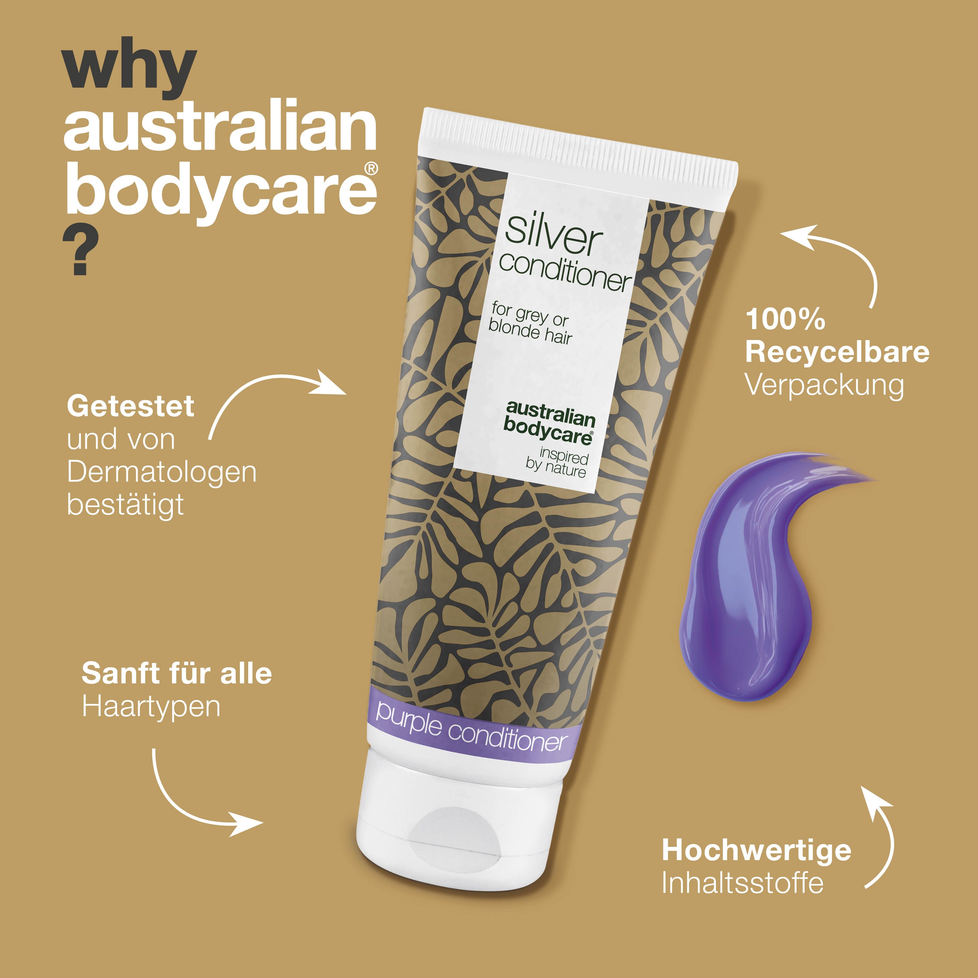 Tube mit Conditioner und lila Klecks. Text: Silver Conditioner. Marke: Australian Bodycare. Vorteile: dermatologisch getestet, sanft.
