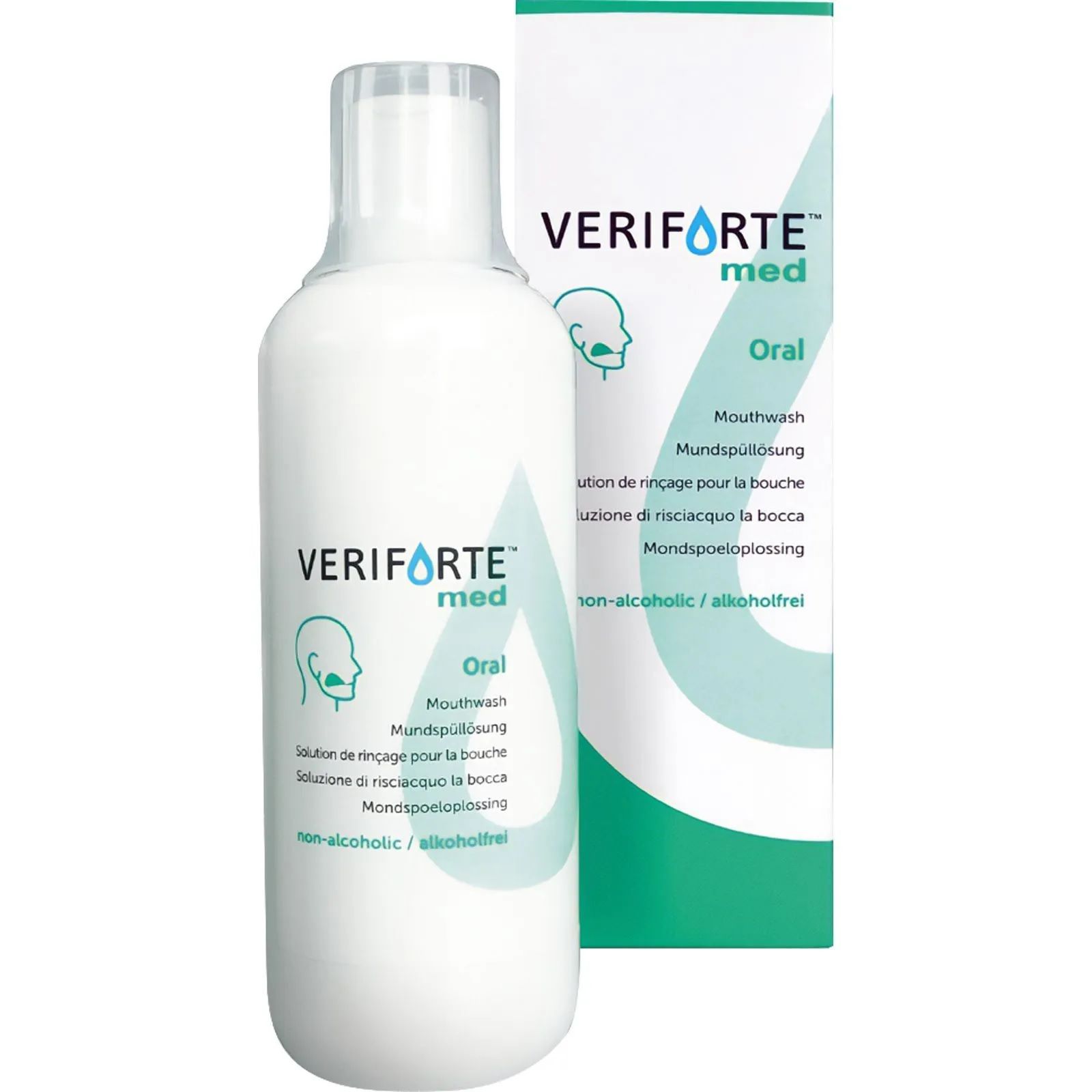 Weiße Flasche und Schachtel mit Produktaufdruck. Aufschrift: VERIFORTE med Oral. Enthält Mundspüllösung. Nicht-alkoholisch.