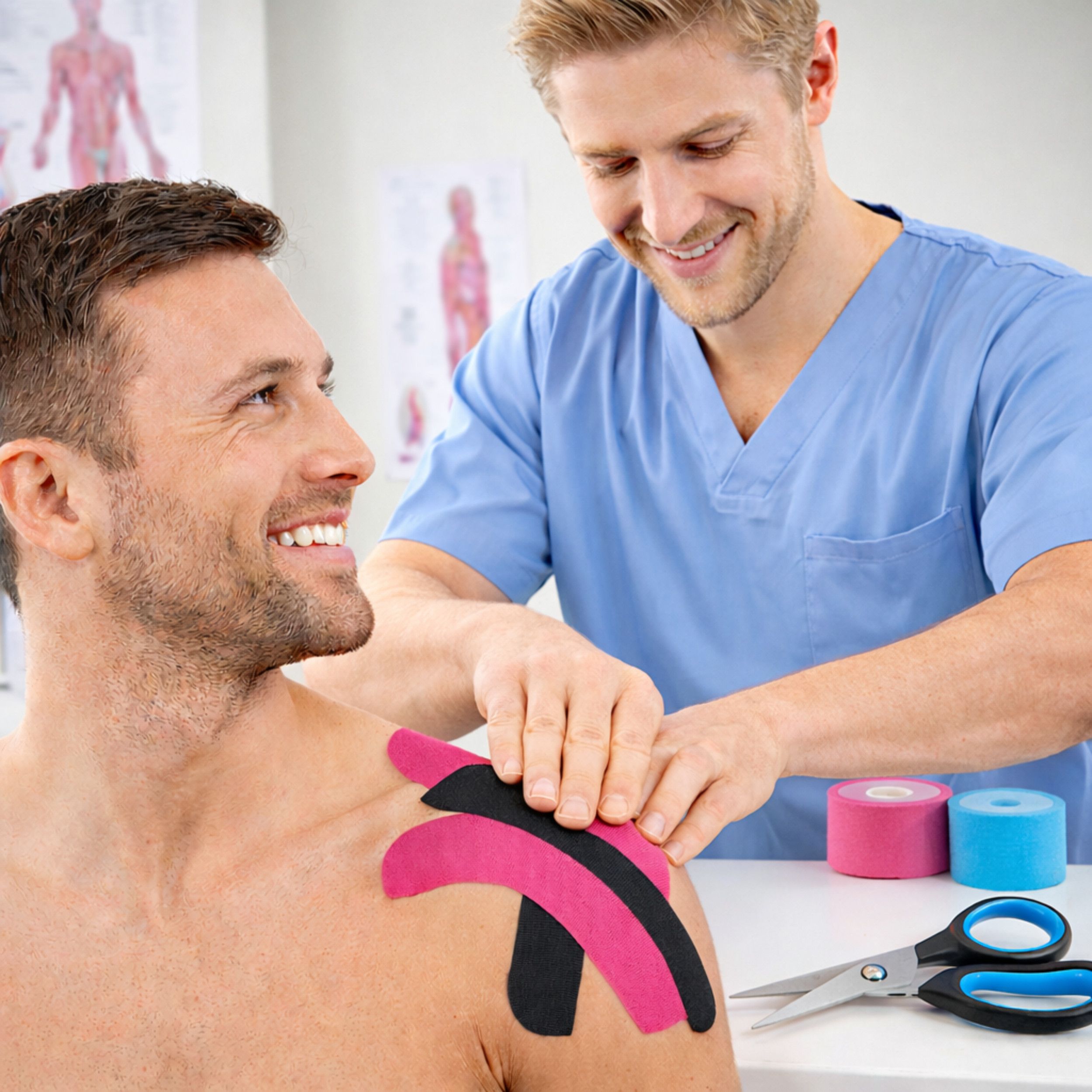 Arzt klebt Tape auf Schulter eines Patienten. Tapes in verschiedenen Farben und Schere.