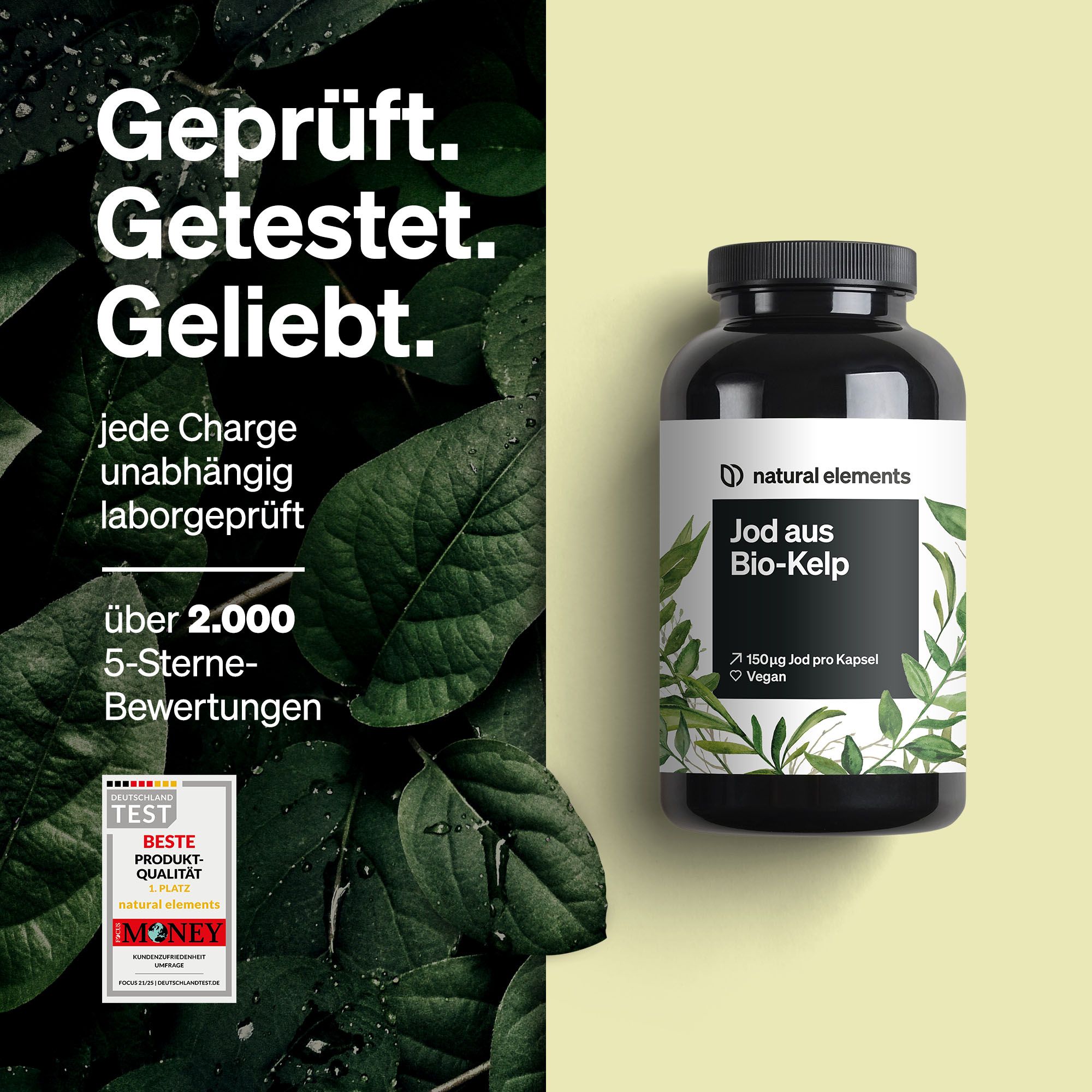 Produktflasche neben Blättern. Text: Geprüft. Getestet. Geliebt. 5-Sterne-Bewertungen. Auszeichnung: Beste Produktqualität.
