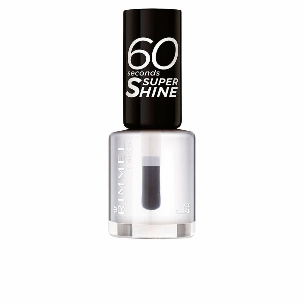 Klare Nagellackflasche mit schwarzem Deckel. Aufschrift: 60 seconds SUPER SHINE, Rimmel London, 740 Clear.