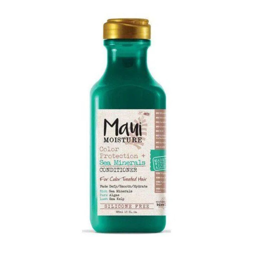 Grüne Flasche mit goldfarbenem Deckel. Aufschrift: Maui Moisture, Color Protection + Sea Minerals Conditioner, 385ml, SILICONE FREE.