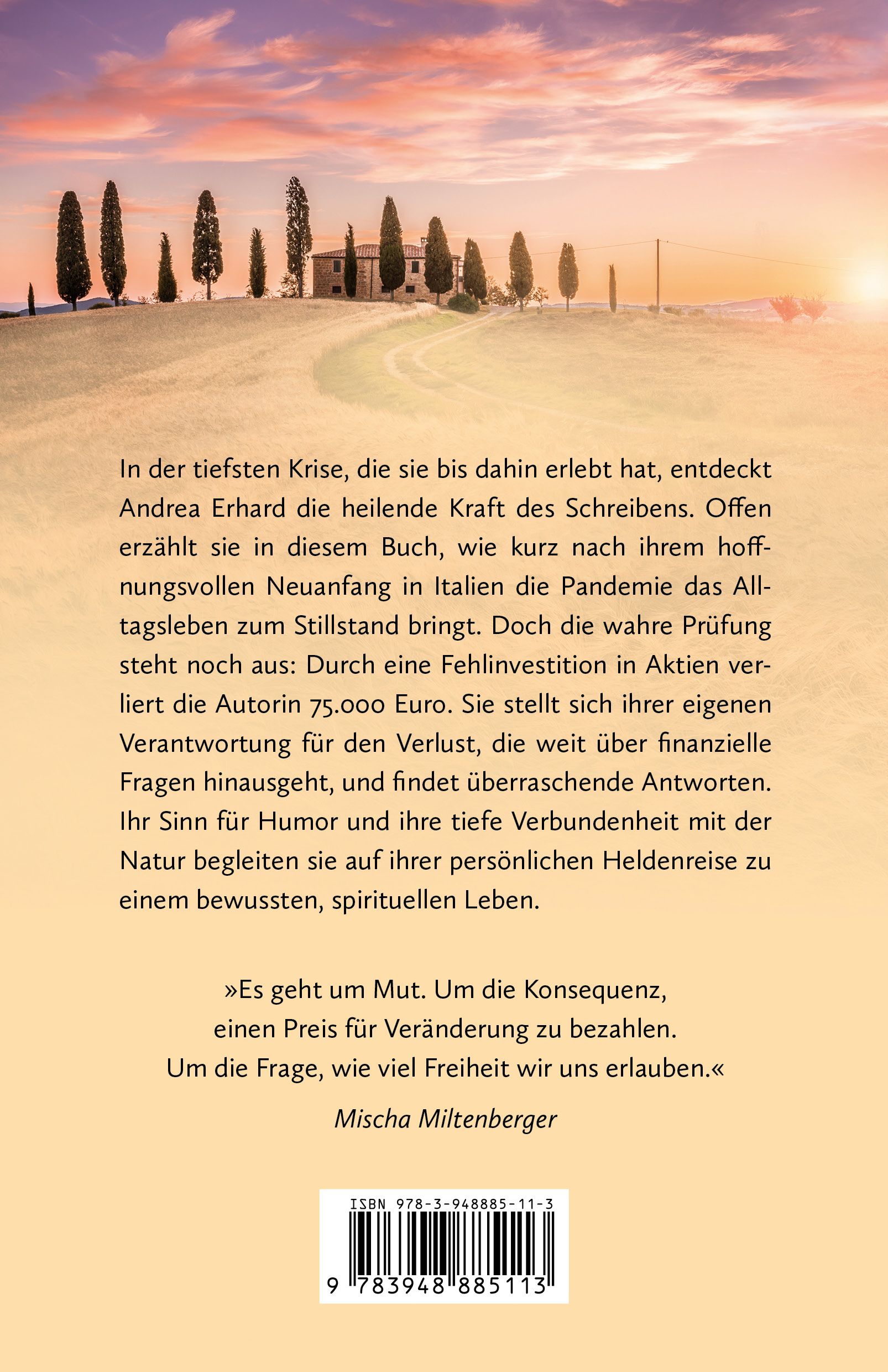 Buchrücken: Titel, Autor, ISBN-Code. Text über Autorin, Fehl-Investition, Pandemie und spirituelles Leben. Zitat von Mischa Miltenberger.
