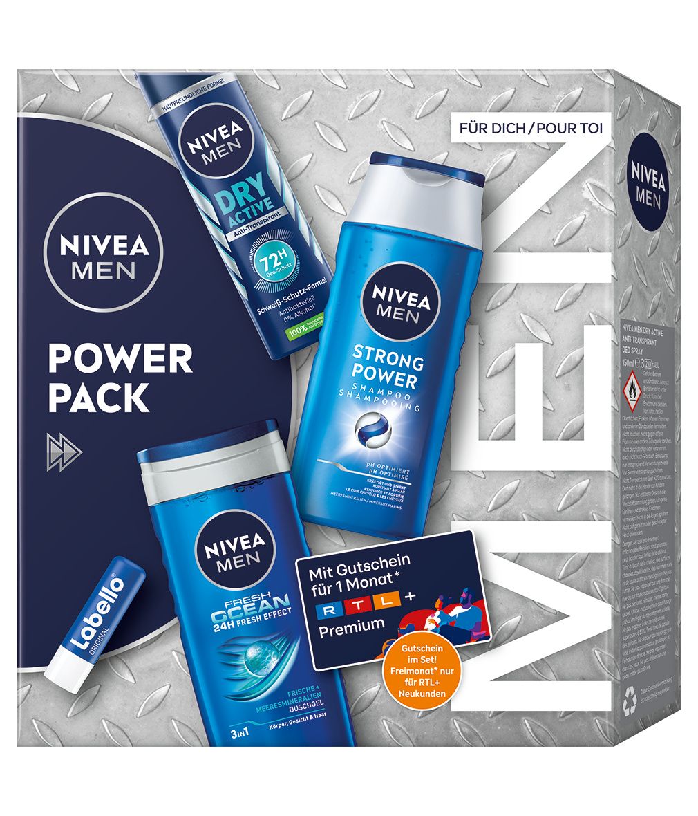 NIVEA MEN Power Pack Geschenkset. Enthält Pflegedusche, Deo, Shampoo und Labello. Verpackung mit Produktabbildungen und Logo.
