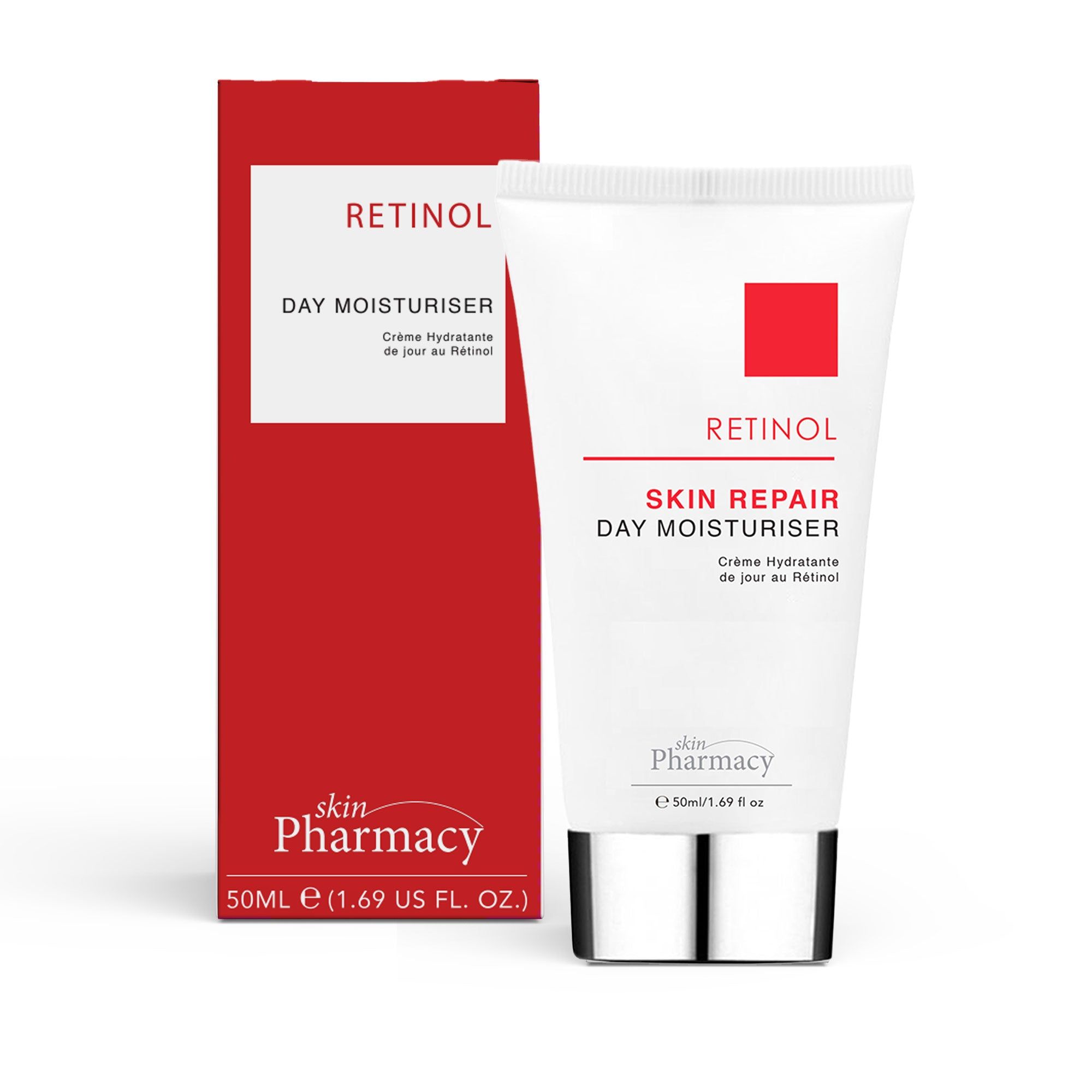 Weiße Tube und rote Verpackung mit Aufschrift Retinol Skin Repair Day Moisturiser. SkinPharmacy Logo.