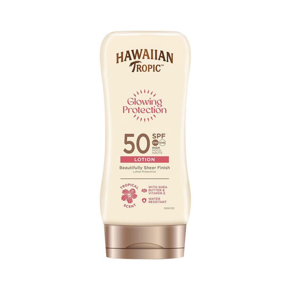 Sonnenlotion-Flasche mit Aufschrift: Hawaiian Tropic Glowing Protection LSF 50. Mit Shea Butter & Vitamin E.