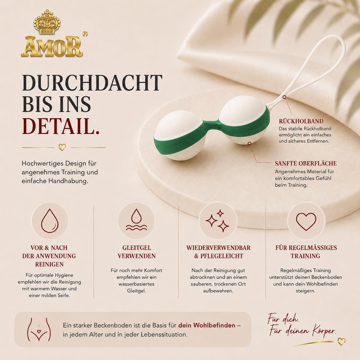 Duo-Beckenbodenkugel mit Schnur, weiß und lila, auf Podest.
