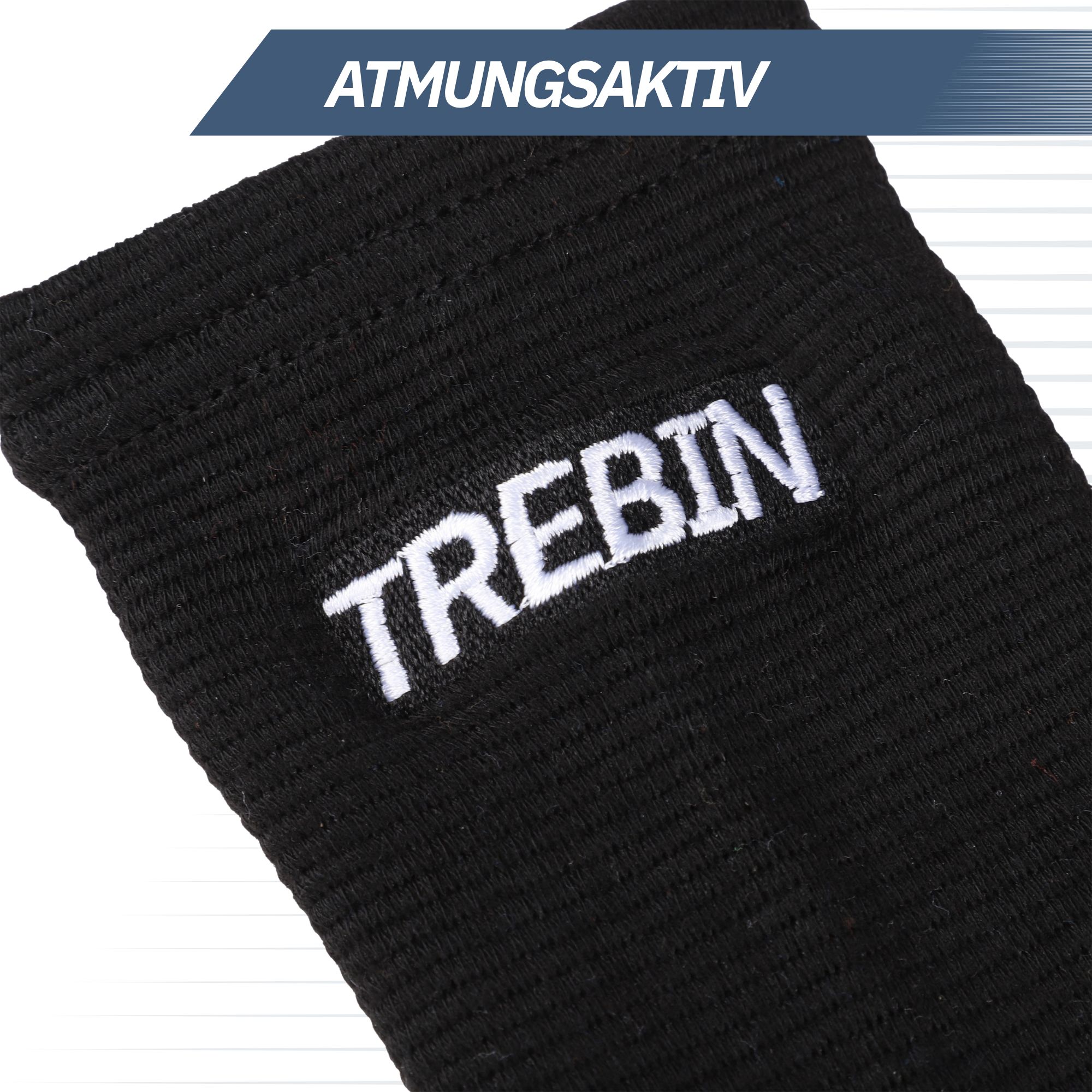 Schwarzes Fußgelenkband mit "TREBIN"-Logo, verstellbarem Band und gezielter Kompression.