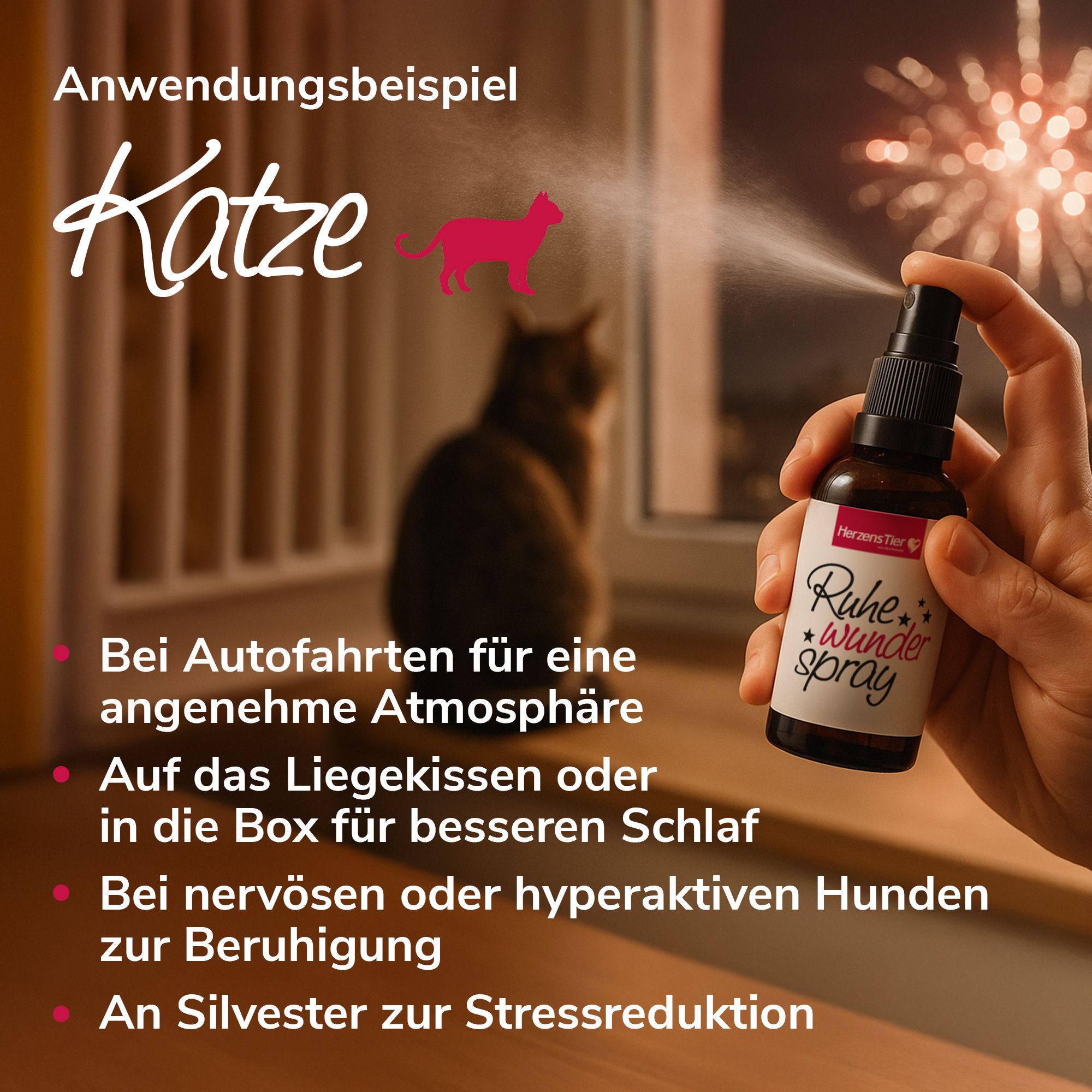 Hand hält Sprühflasche vor Fenster mit Katze. Text: Anwendungsbeispiel Katze. Rote Punkte mit Text.