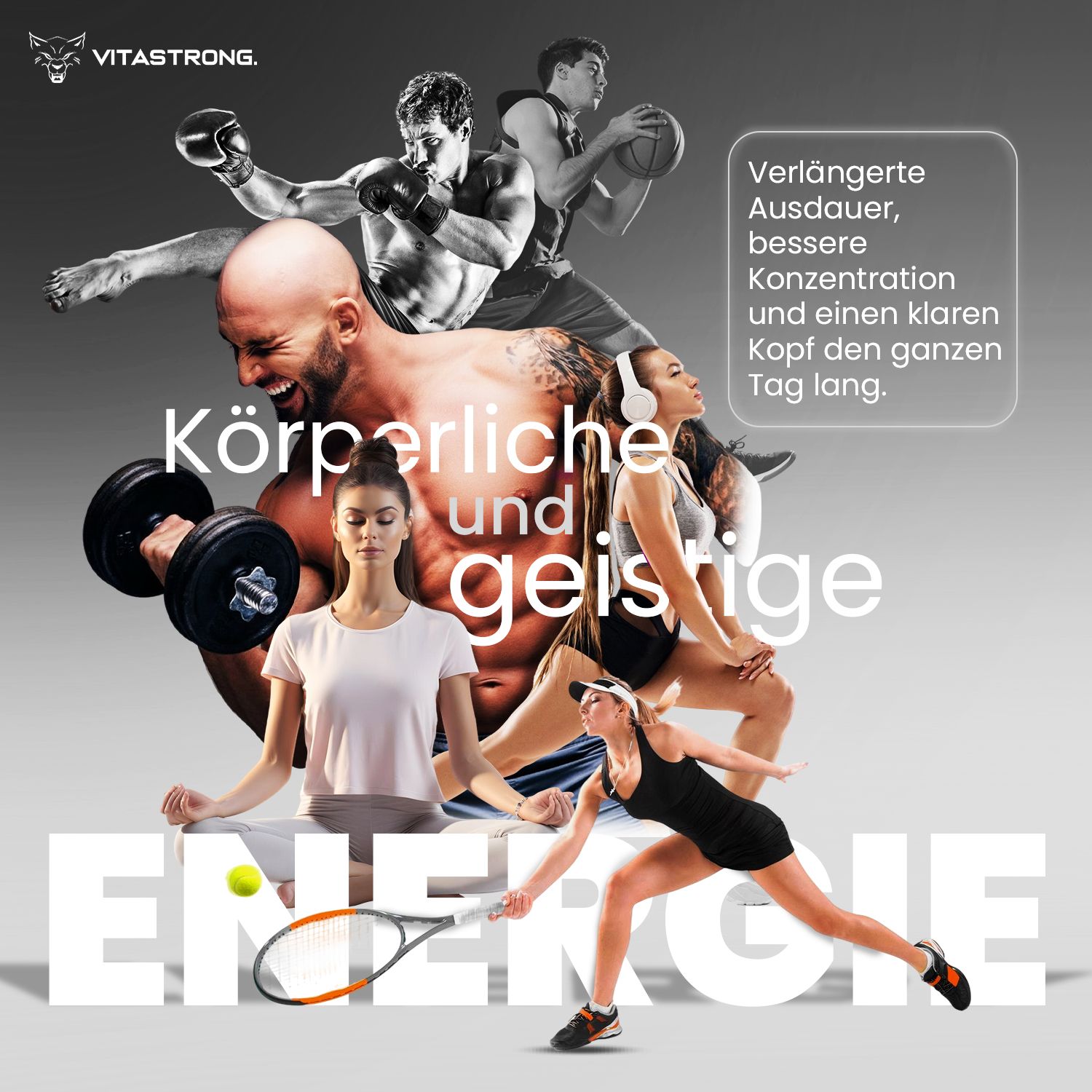 Vitastrong Energy Tropical Dose. Text: ENERGY, Tropical. Mit Sportlern und Text: Körperlich und geistig.