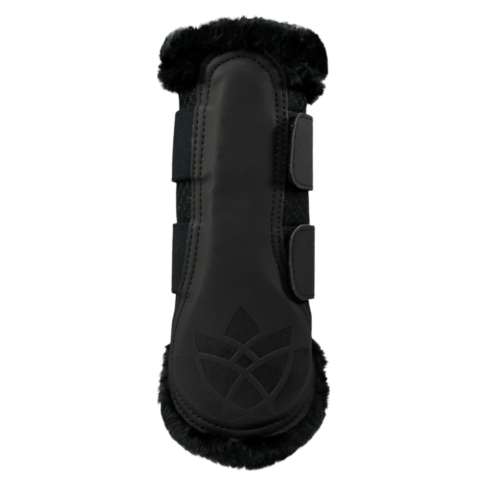 Schwarze Gamasche mit Fellbesatz und Klettverschlüssen. Logo auf der Außenseite. Mesh-Einsatz.  Equest.