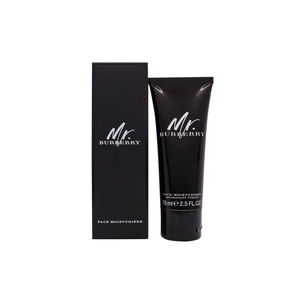 Schwarze Tube und Schachtel. Aufschrift "Mr. Burberry". Tube: "Face Moisturiser", 75ml. Schachtel: "Face Moisturiser".