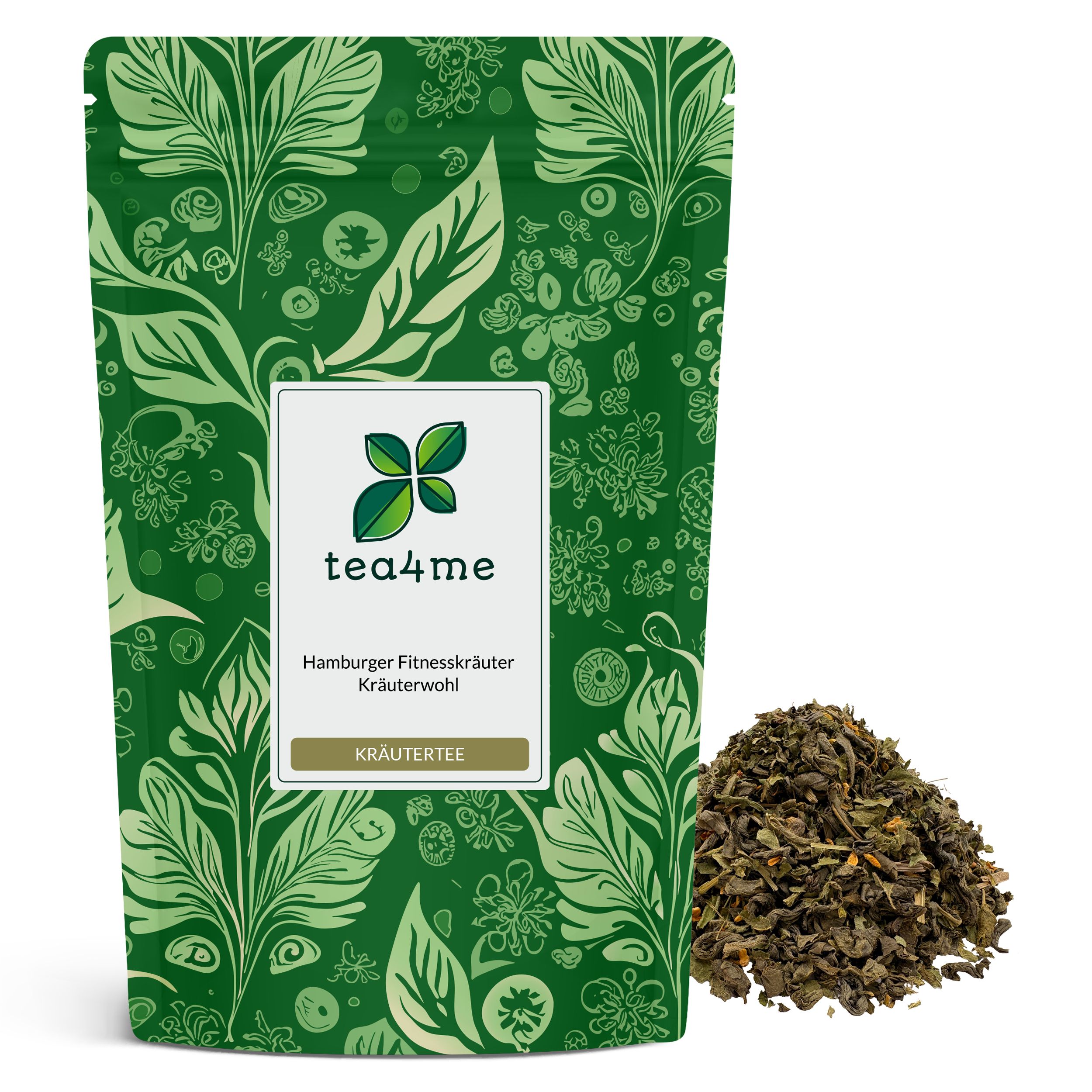 Grüner Tee in Beutelverpackung mit Logo und Text. Daneben ein Haufen loser Teeblätter. Verpackung mit floralem Muster.