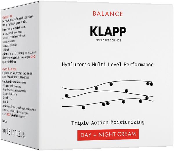 Produktverpackung mit Klapp-Logo und Produktbezeichnung. Enthält Text in mehreren Sprachen. Aufschrift: Hyaluronic Multi Level Performance.