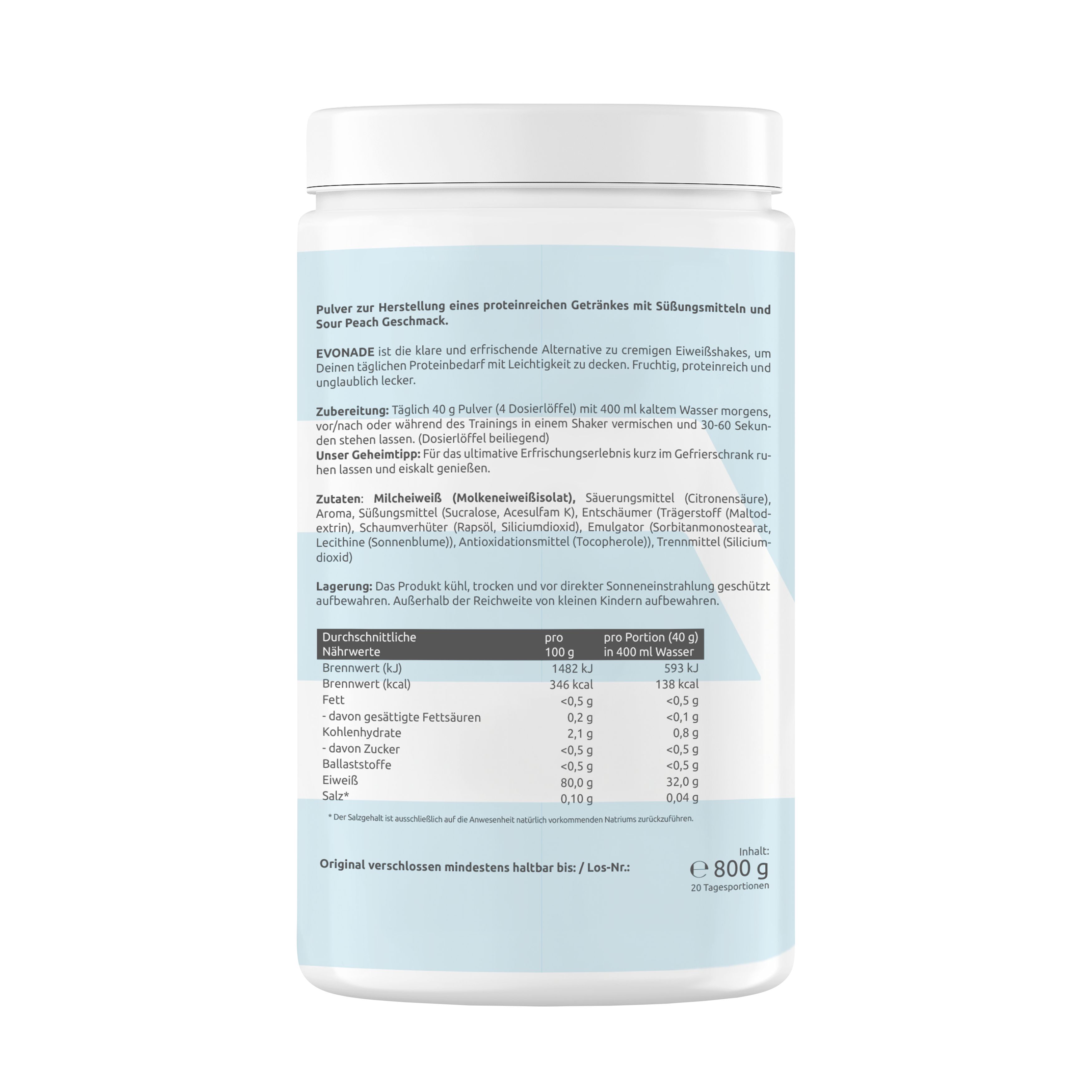 Rückseite des weißen Behälters. Text mit Nährwertangaben und Inhaltsstoffen. 800g. Deutscher Text.