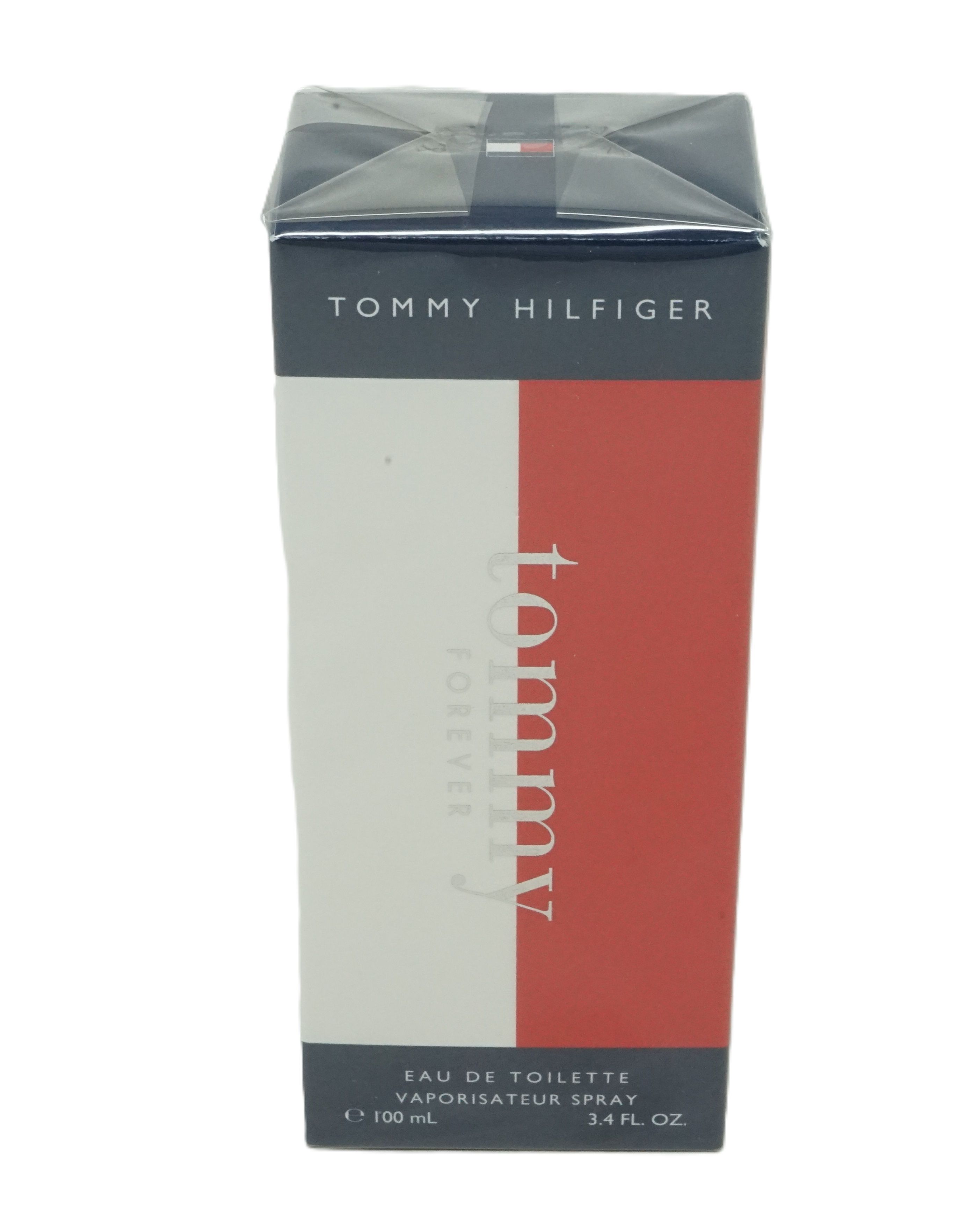 Verpackung von Tommy Hilfiger Tommy Forever Eau de Toilette. Weiß, rot und dunkelblau. Text: Tommy Hilfiger, Forever, Eau de Toilette.