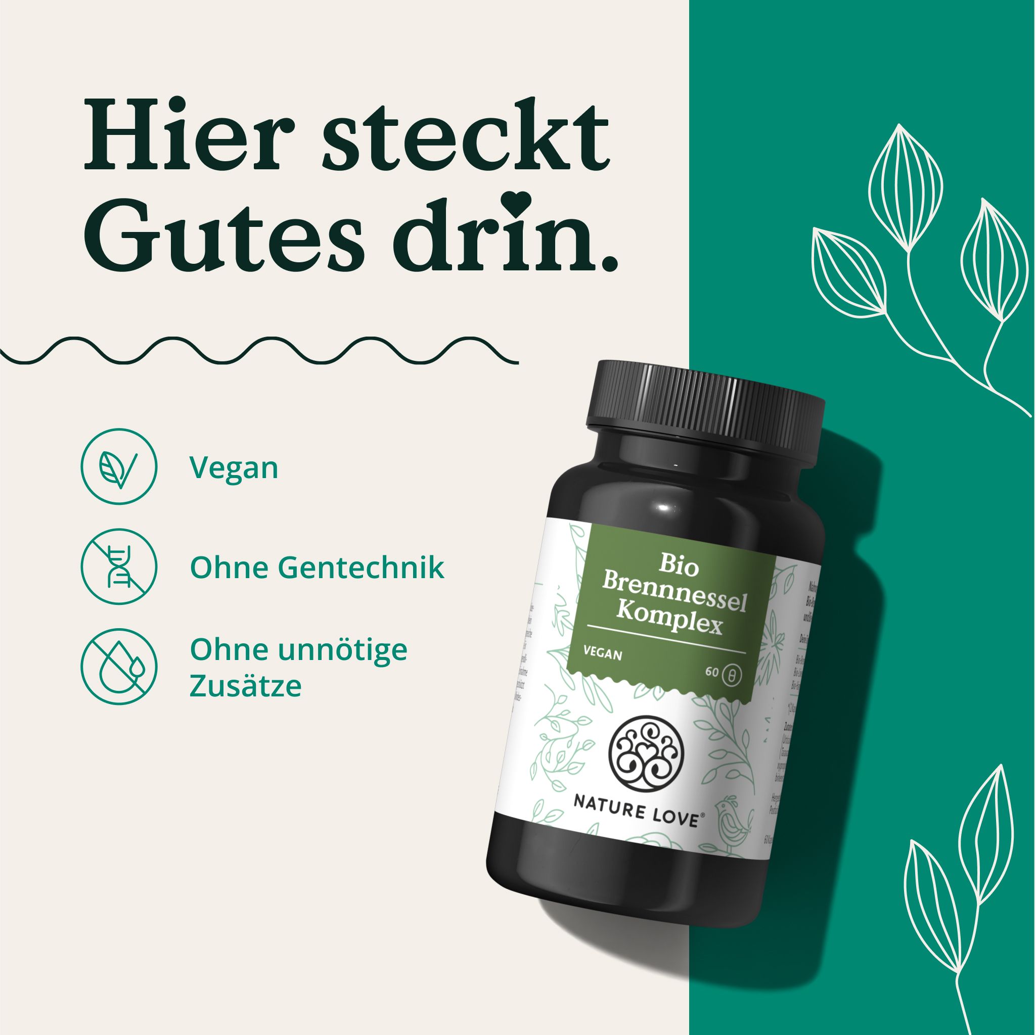 Dunkle Flasche mit grüner Beschriftung. Text: Bio Brennnessel Komplex, Vegan, 60 Kapseln. Logo: NATURE LOVE®. Ohne Gentechnik.