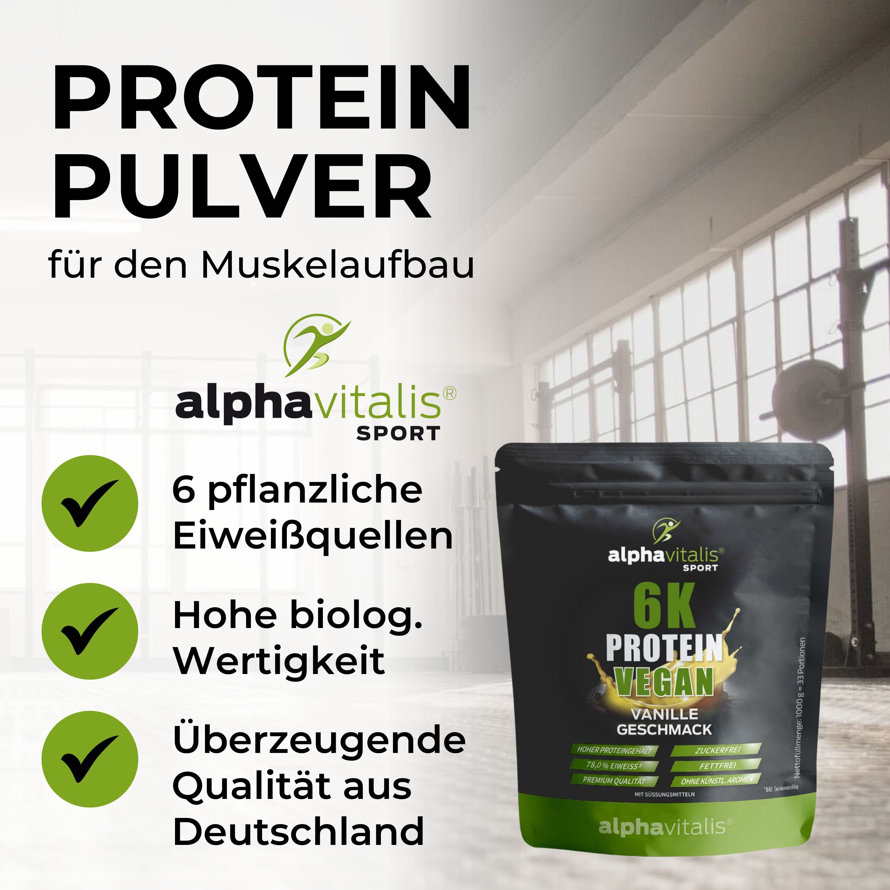 Alphavitalis® 6K Protein Vegan, Vanille Geschmack. 6 pflanzliche Eiweißquellen. Hohe biologische Wertigkeit. Überzeugende Qualität aus Deutschland.