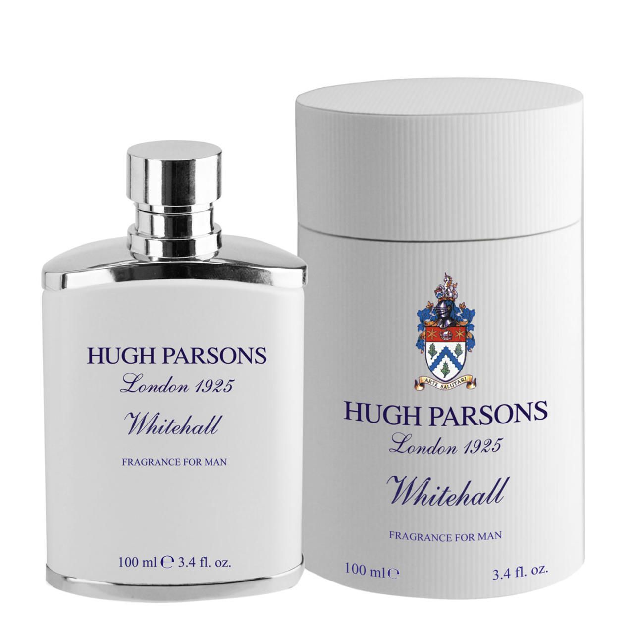 Weißer Flakon und zylindrische Verpackung. Aufschrift: Hugh Parsons London 1925, Whitehall, Fragrance for Man. Volumenangabe.