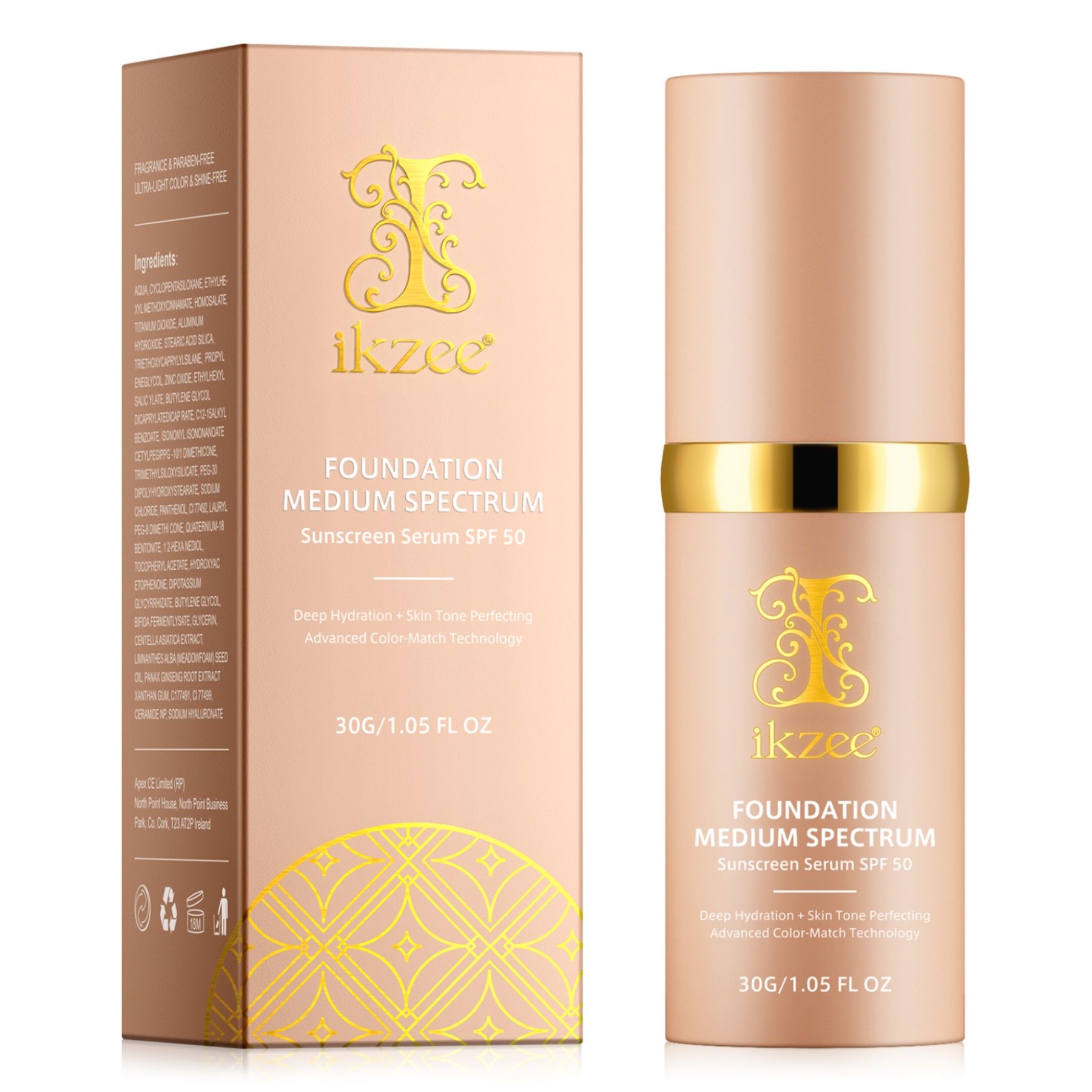 Tubo e scatola di fondotinta beige. Scritta: Foundation Medium Spectrum, protezione solare SPF 50. Marchio: Ikzee.
