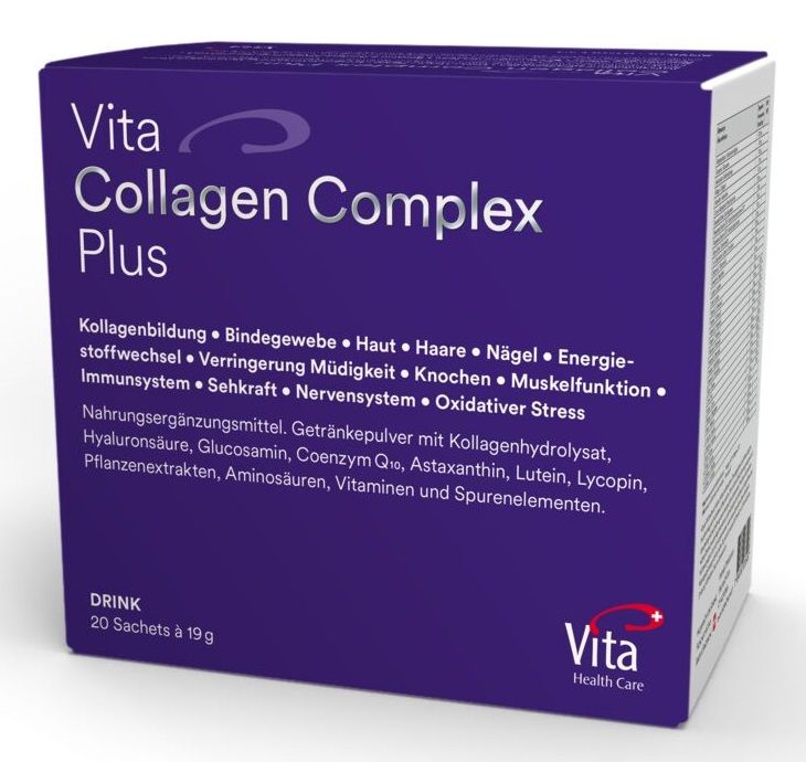 Violette Schachtel mit "Vita Collagen Complex Plus"-Logo. Enthält 20 Sachets. Auflistung von Inhaltsstoffen und Vorteilen.