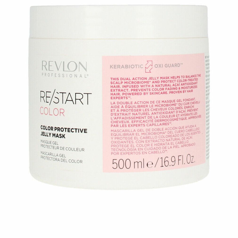Weißer Tiegel mit Produktetikett. Aufschrift: Revlon Re-Start Color Jelly Mask. 500 ml/16.9 Fl.Oz.