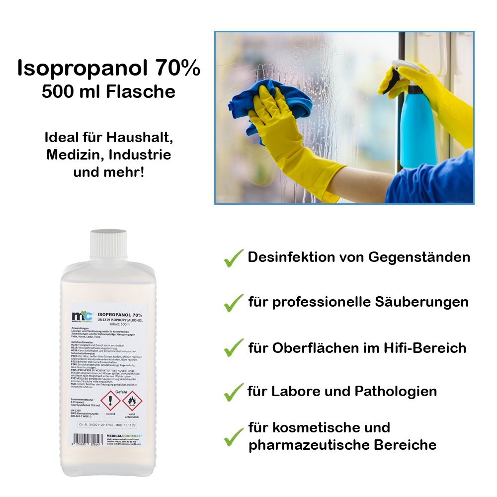 Isopropanol 70% 500ml Flasche, ideal für Haushalt, Medizin, Industrie, mit Anwendungsbeispielen.